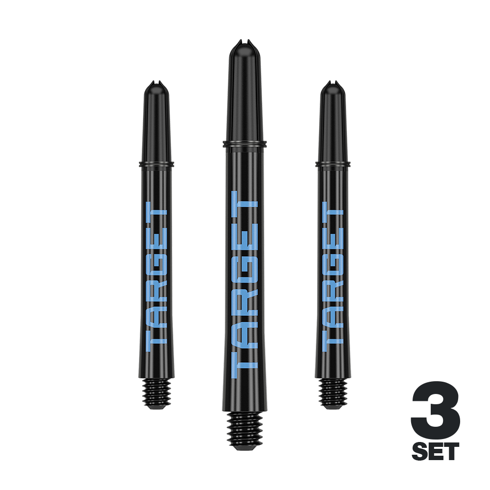 Tiges Target Pro Grip TAG - 3 jeux - Noir et bleu Das Bild zeigt drei schwarze Dartschäfte mit blauer "TARGET"-Aufschrift. In der rechten unteren Ecke steht "3 SET".