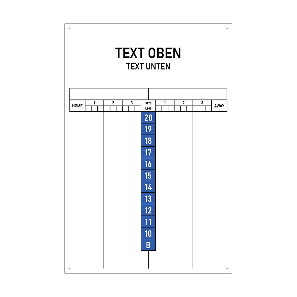 INSCORE2_Scoreboard_mit_Wunschdruck_40x60cm_Blau_1 Das Bild zeigt eine Anzeigetafel mit Feldern für Heim- und Auswärtsteams sowie Sets und Legs. In der Mitte sind die Zahlen von 20 bis 10 und ein Feld mit „B“ in blauer Farbe angeordnet.