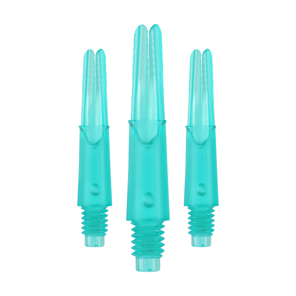 L-Style L-Shafts Locked Straight - Emerald 130 Auf dem Bild sind drei türkisfarbene Dartschäfte zu sehen. Sie haben eine gerade Form und ein Schraubgewinde am unteren Ende.