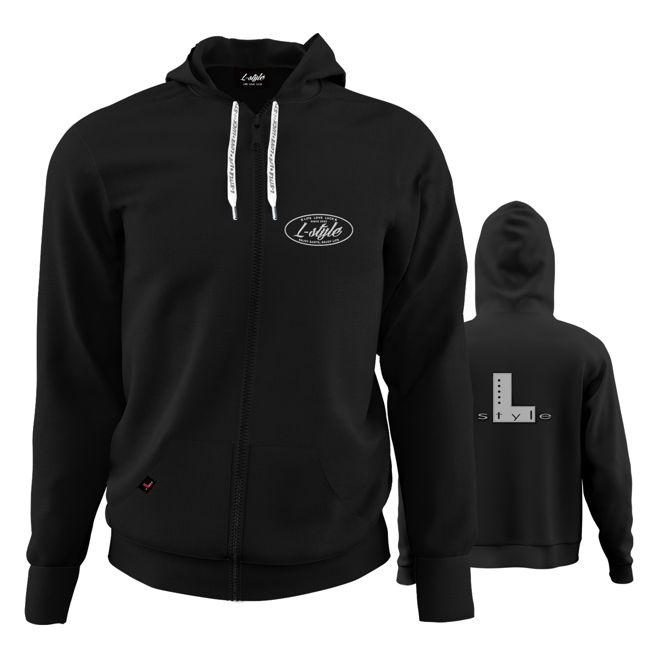 L-Style Hoodie - Schwarz Der "L-Style Hoodie - Schwarz" ist ein schwarzer Kapuzenpulli mit Reißverschluss und weißen Kordeln. Auf der Vorderseite befindet sich ein kleines "L-Style"-Logo, während auf der Rückseite ein großes "L style"-Design zu sehen ist.