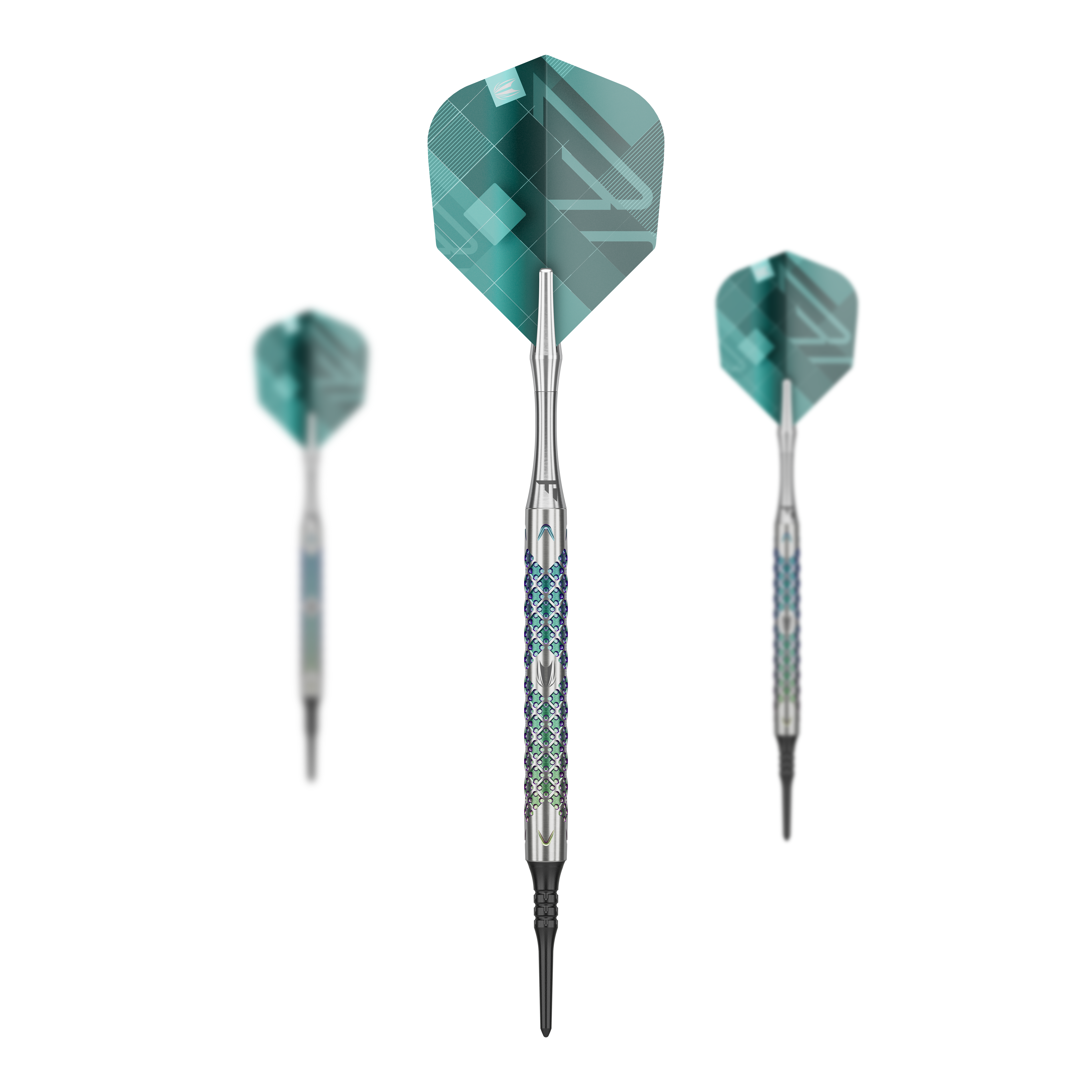 Target Rove 10 měkkých šipek Das Set Target Rove 10 Softdarts zeigt mehrere Darts zusammen. Die Produkte sind gleichmäßig angeordnet.