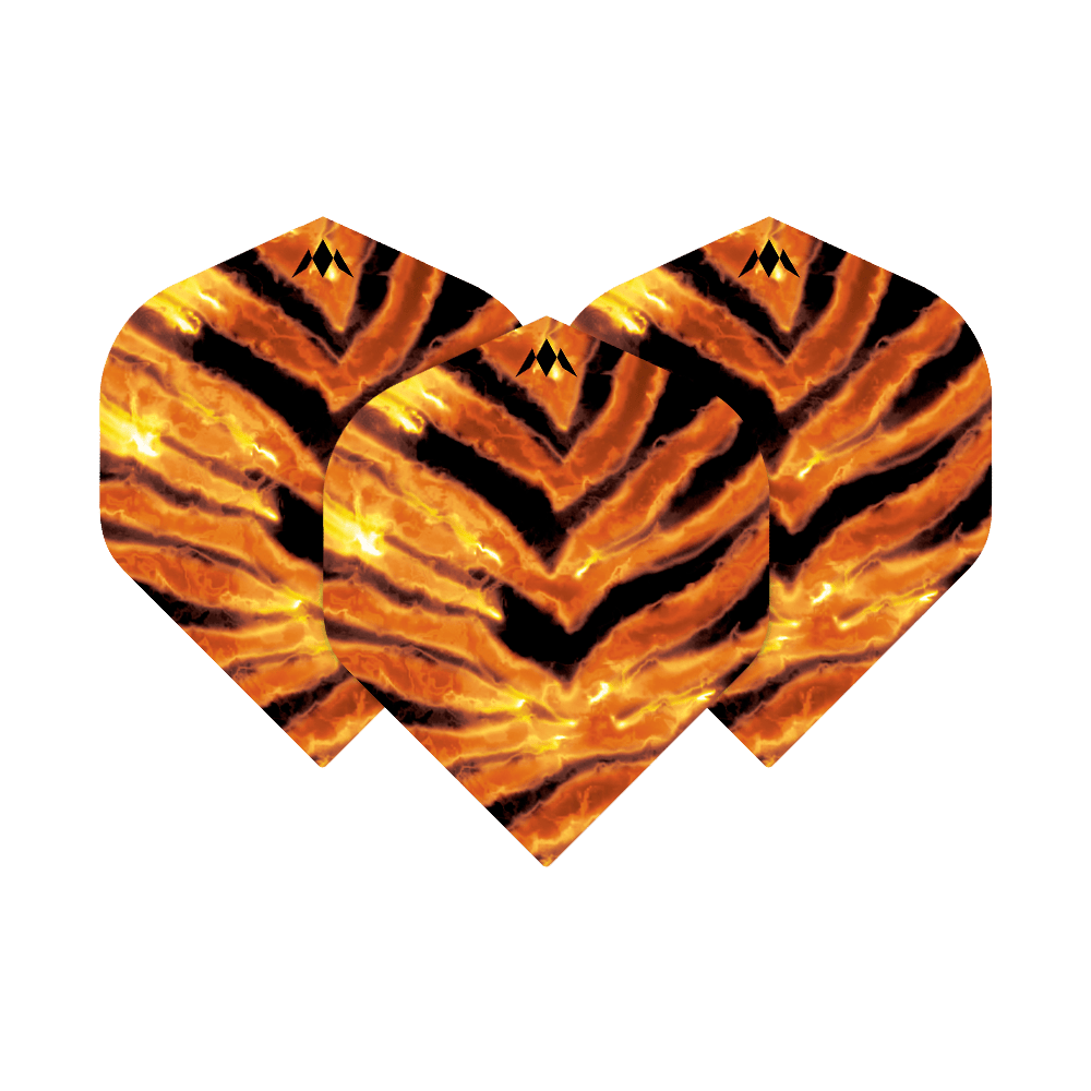 Standardní lety Mission Solo Javan No2 Das Bild zeigt drei Dartflights mit einem auffälligen Tigerstreifen-Design in Orange und Schwarz. Es handelt sich um das Produkt "Mission Solo Javan No2 Standard Flights".
