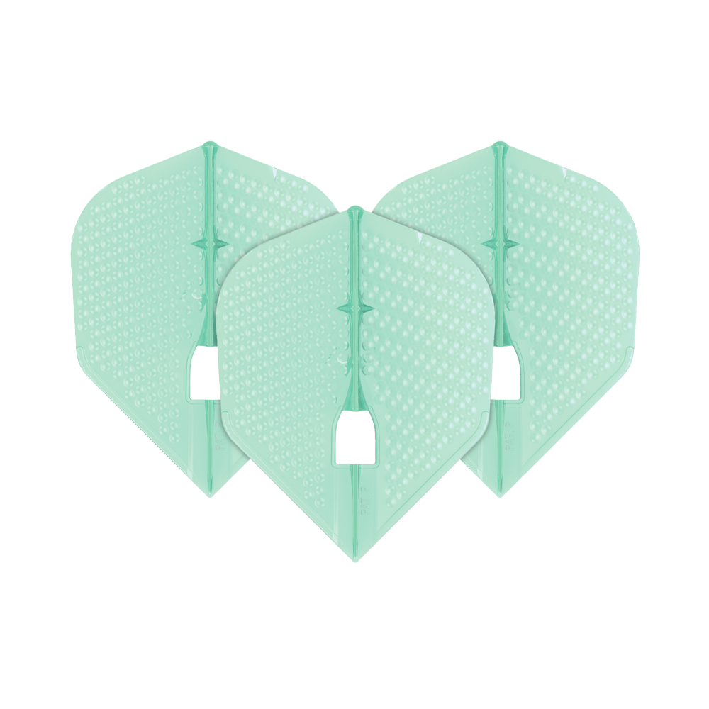L-Style Flights Dimple Champagne L3PRO Shape Das Bild zeigt drei mintgrüne Dart-Flights mit einer Dimple-Oberfläche. Sie haben die charakteristische Form des L-Style Flights Dimple Champagne L3PRO Shape.