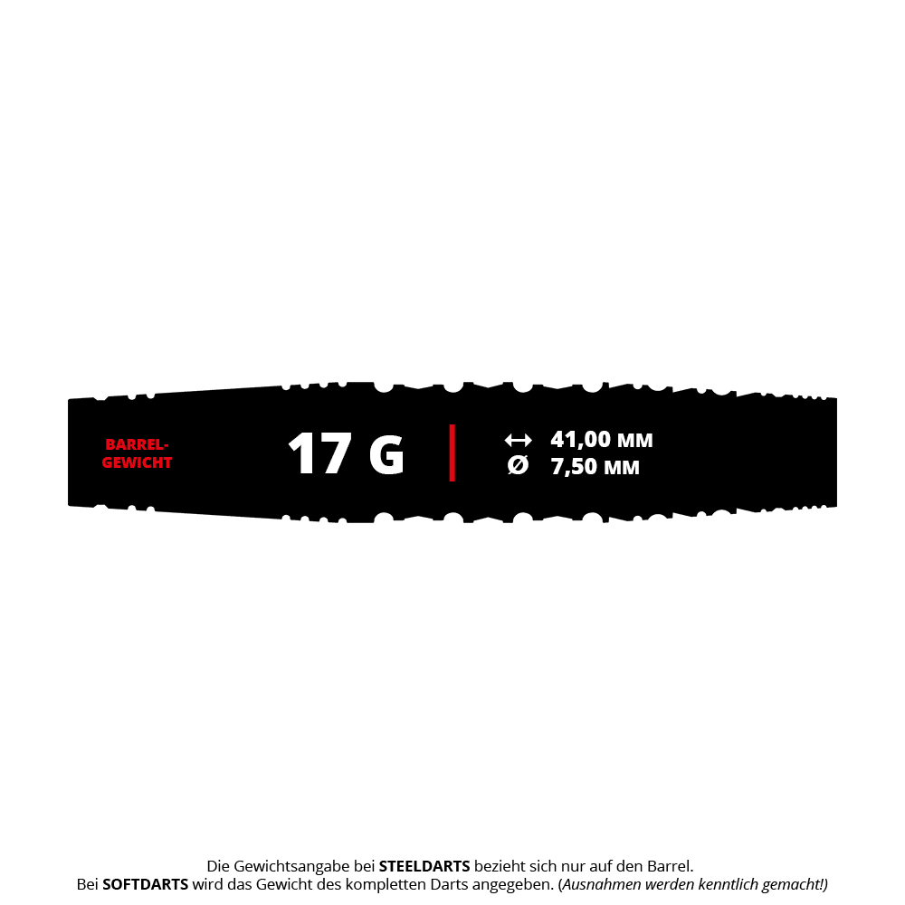 Dardos blandos Target Japan Black Marque Dancing Duck GEN 4 - 17 g Das Bild zeigt die Produktinformationen der "Target Japan Black Marque Dancing Duck GEN 4 Softdarts - 17g". Das Barrelgewicht beträgt 17 Gramm, die Länge 41,00 mm und der Durchmesser 7,50 mm.