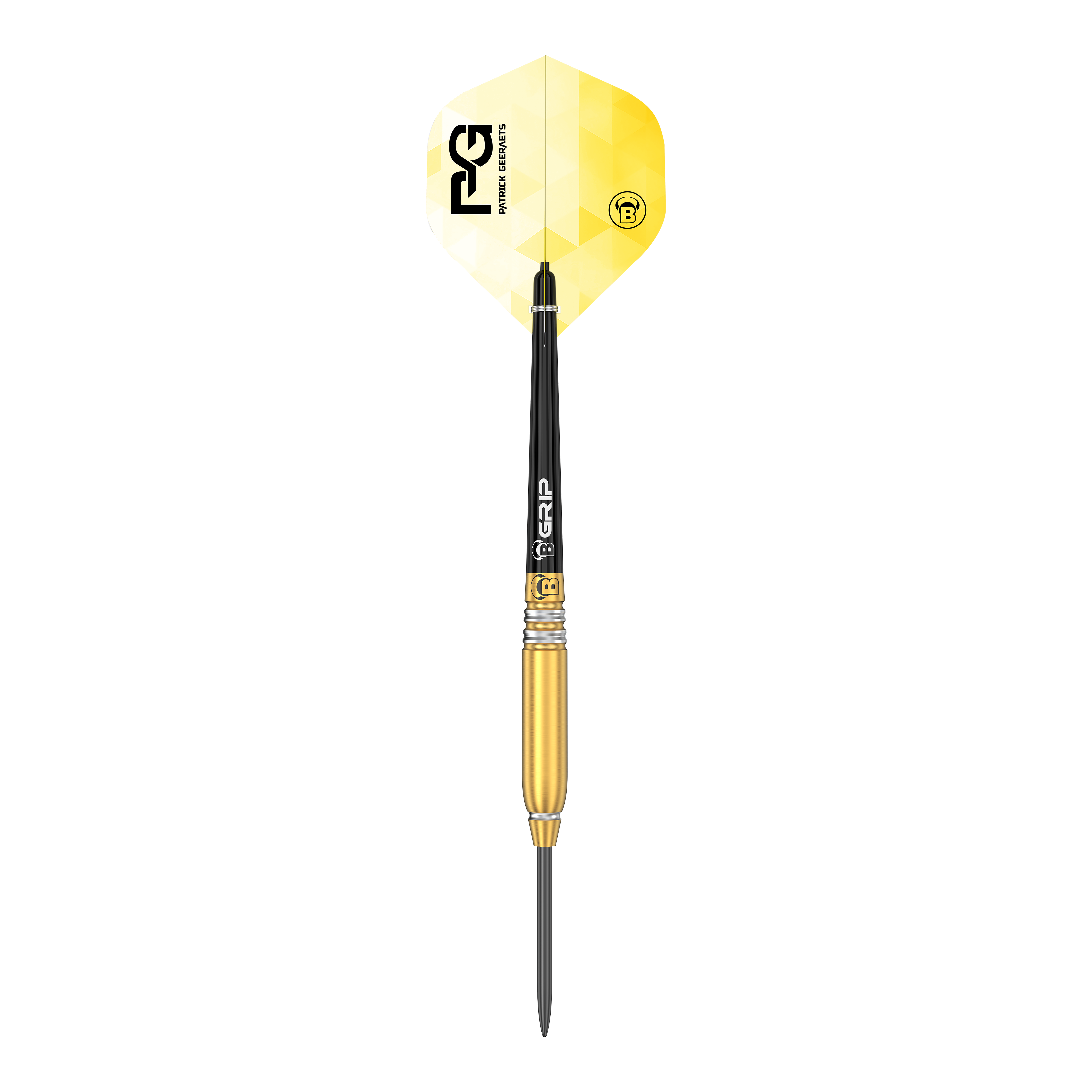 Bulls Patrick Geeraets Steeldarts - 23g Das Bild zeigt einen Steeldart namens "Bulls Patrick Geeraets Steeldarts - 23g". Der Dartpfeil hat eine goldene Barrel, einen schwarzen Schaft und ein gelb-weißes Flight mit Logo.