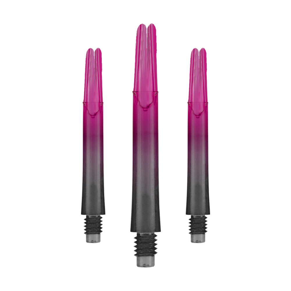 Asta a L stile L bloccata dritta Natural9 Aste bicolore - rosa Das Bild zeigt drei pink-schwarze Dartschäfte in gerader Form. Sie stehen aufrecht nebeneinander und haben Gewinde am unteren Ende.