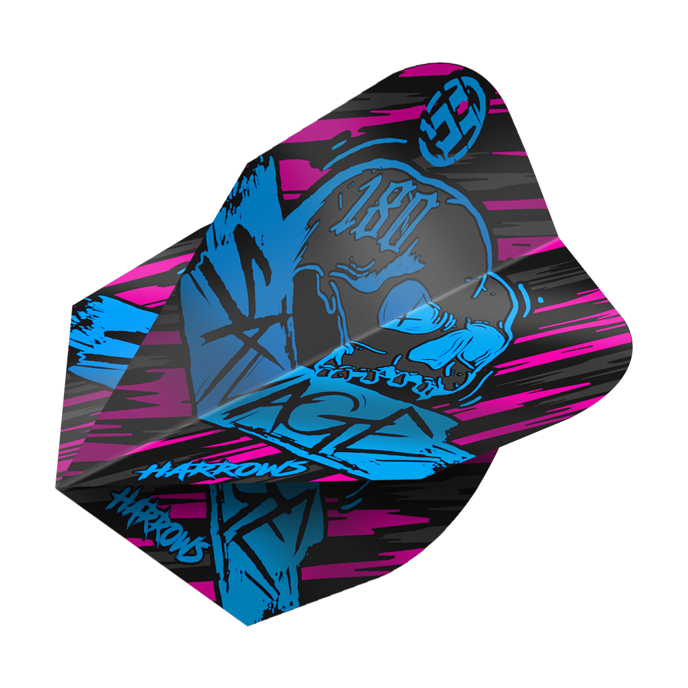 Voli Savage Aqua Pink No6 di Harrow Das Bild zeigt das Produkt "Harrows Savage Aqua Pink No6 Flights". Das Design ist auffällig mit schwarzen, pinken und blauen Farben sowie einem Totenkopf-Motiv.