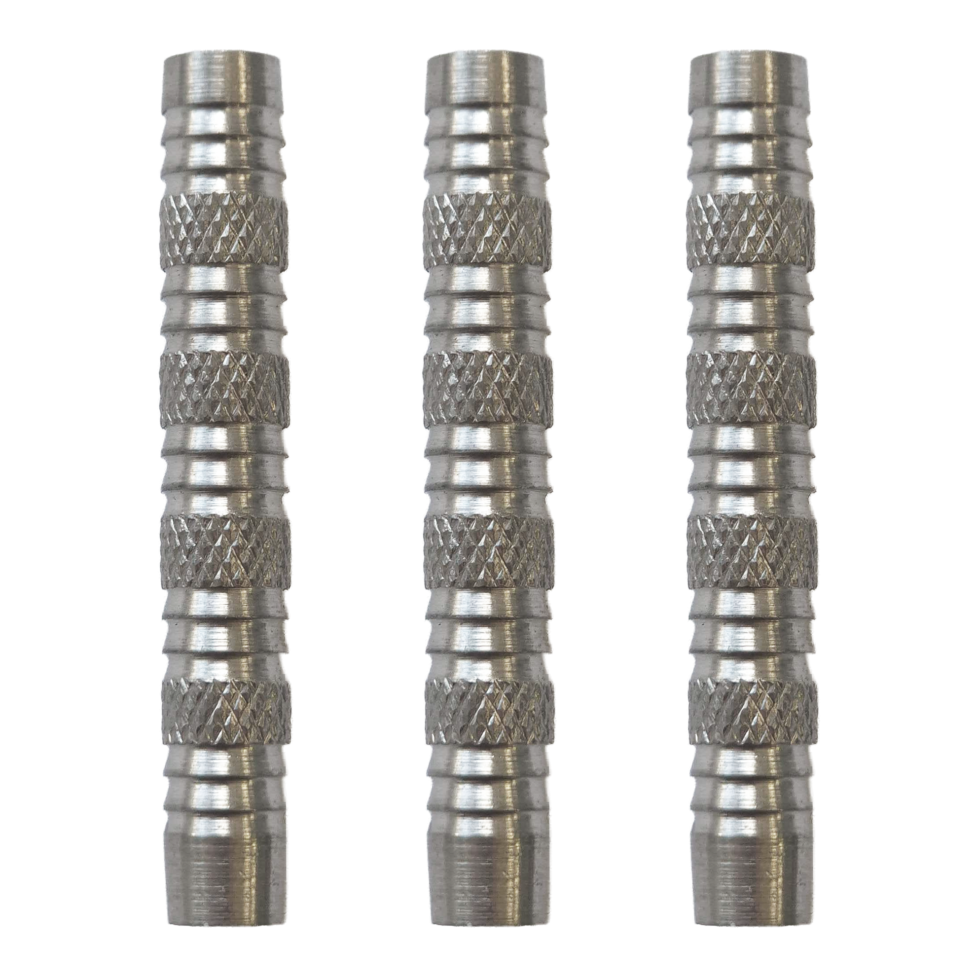 Barriles para dardos blandos McDart Knurled Shark - 18 g Hier sieht man McDart Knurled Shark Softdart Barrels - 18g als Set. Die Dart-Barrels sind silbern und haben ein markantes Rillenmuster.
