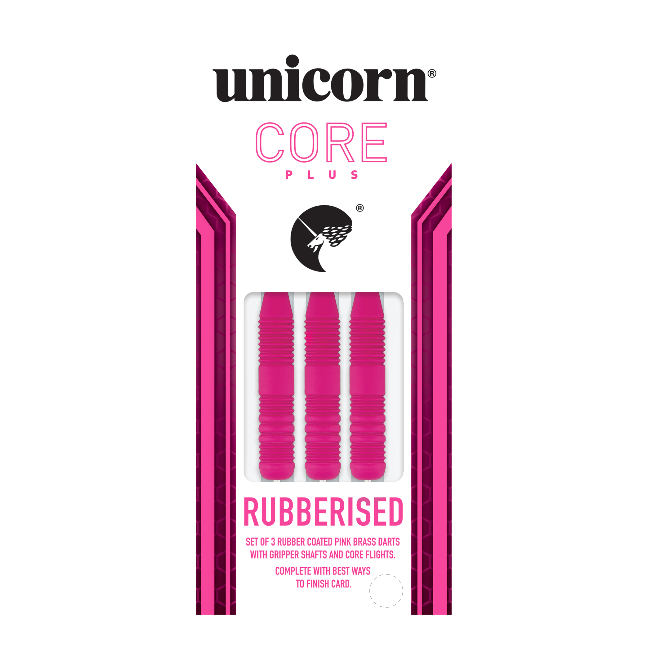 Šipky Unicorn Core Plus pogumované růžové ocelové Das Bild zeigt eine Packung mit drei pinken, gummierten Steeldarts der Marke Unicorn Core Plus. Die Darts haben geriffelte Griffe und werden in einer weiß-pinken Verpackung präsentiert.