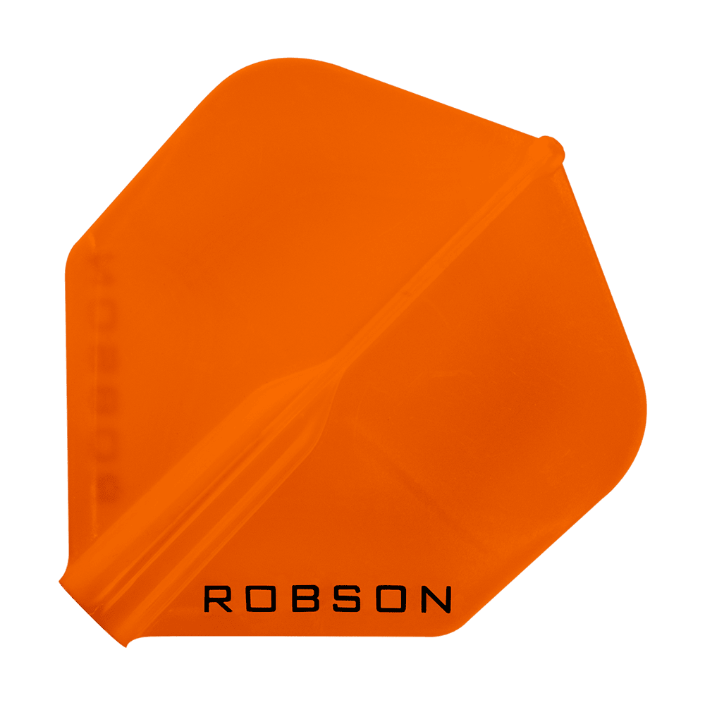 Voli Robson Plus - Standard Das Bild zeigt ein orangefarbenes Dartflight mit der Aufschrift "ROBSON". Das Flight hat eine klassische, standardmäßige Form.