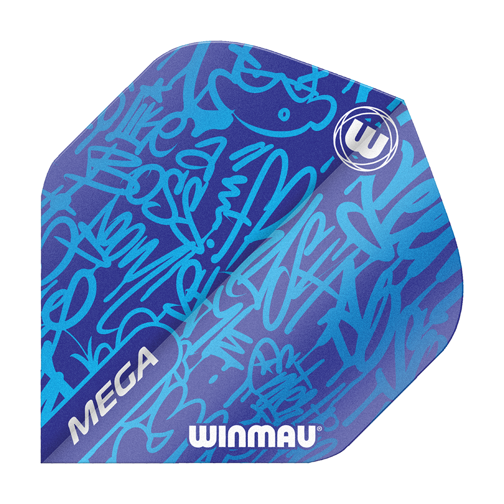 6900-240_Winmau_Mega_Blue_Standard_Flights_1 Das Bild zeigt ein Winmau Mega Blue Standard Flight für Dartpfeile. Das Flight ist blau mit modernen, grafischen Mustern und dem Winmau-Logo bedruckt.
