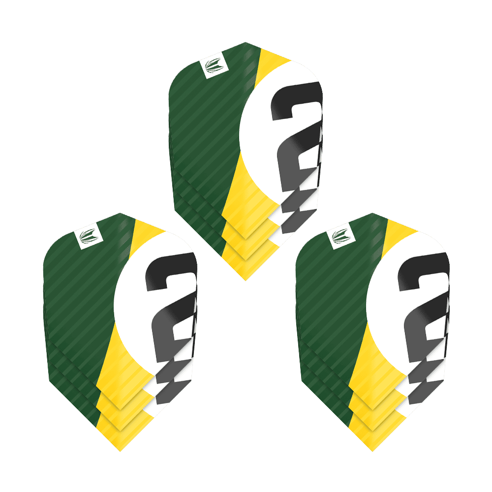 337209_Target_ProUltra_3Sets_Chicane_Green_Ten-X_Flights_15KQWYVBD6RFZ7 Das Bild zeigt drei Sätze Target Pro Ultra Chicane Green Ten-X Flights. Die Flights sind in den Farben Grün, Gelb, Weiß und Schwarz gestaltet.
