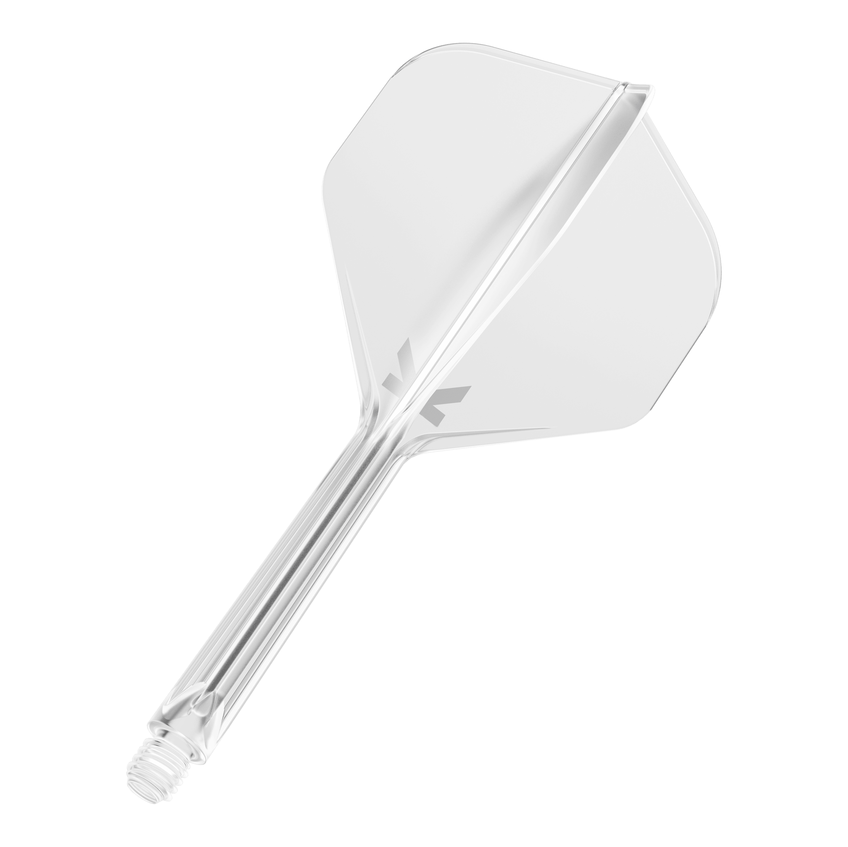 System lotu Target K-Flex No2 Standard – przezroczysty Das Bild zeigt einen klaren Dart-Flight mit integriertem Schaft. Das Design ist schlicht und durchsichtig, mit einem kleinen grauen Logo auf dem Flight.