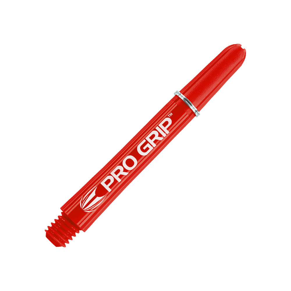 Target Pro Grip Shafts - 3 Sets - Red Das Bild zeigt einen roten Dartshaft mit der Aufschrift "PRO GRIP". Der Hintergrund ist ebenfalls rot und weist ein Muster aus Linien auf.