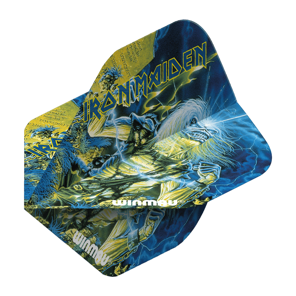 6905-240_Winmau_Iron_Maiden_Life_After_Death_Standard_Flights_2lpigiqCXAkPgm Das Bild zeigt die Winmau Iron Maiden Life After Death Standard Flights mit auffälligem Iron Maiden Coverdesign. Die Flights sind bunt gestaltet und tragen das Winmau-Logo.