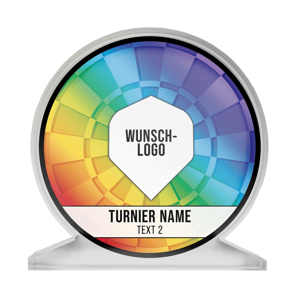 ACP-RB_Acrylglas_Pokal_mit_Wunschdruck_Logo_Rainbow_1 Das Bild zeigt einen runden Acrylglas-Pokal mit einem bunten Regenbogen-Design. In der Mitte steht "WUNSCH-LOGO" und darunter sind Platzhalter für "TURNIER NAME" und "TEXT 2" vorgesehen.