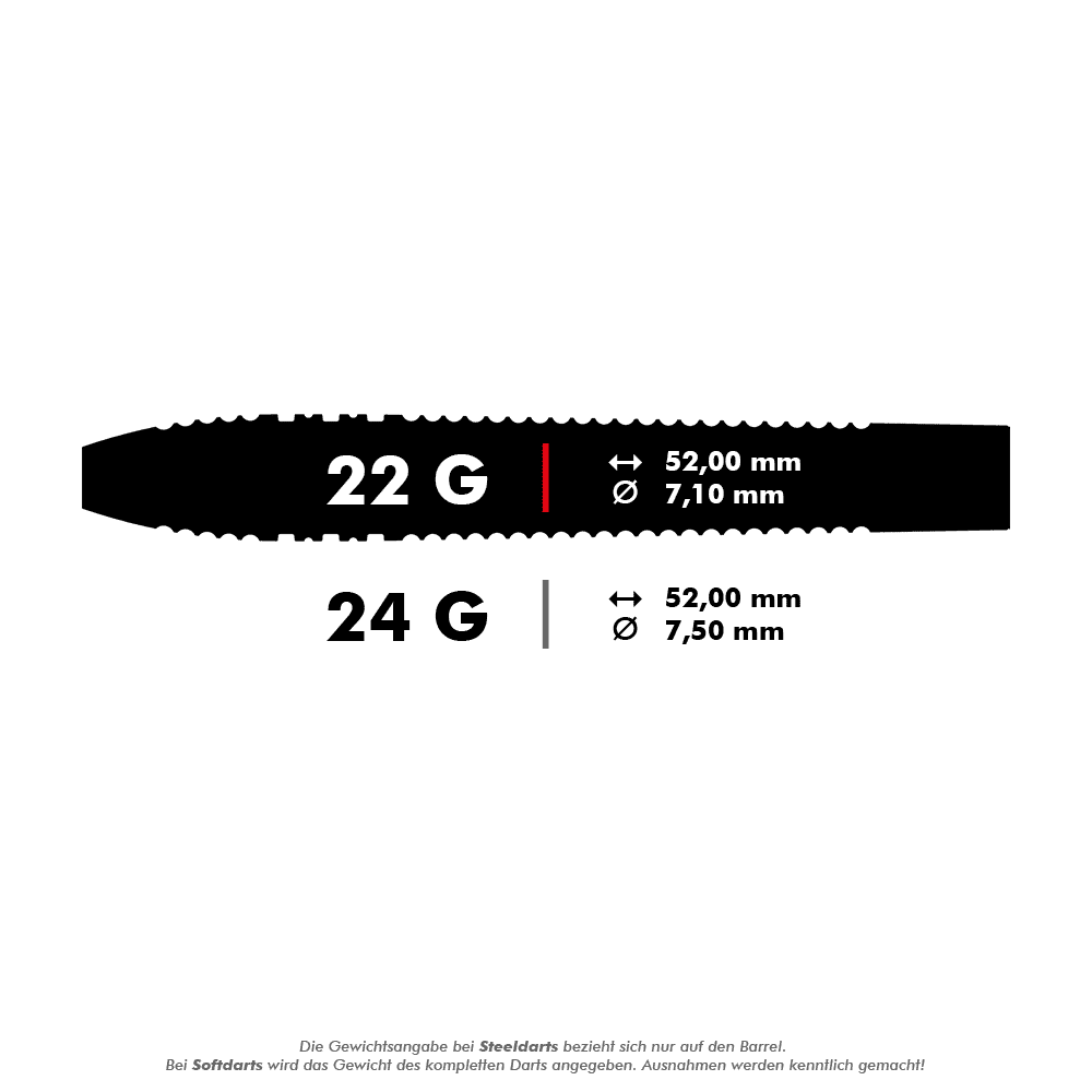 190216_Target_Nathan_Aspinall_Black_Swiss_Point_Steeldarts_5_22g Das Bild zeigt zwei verschiedene Steeldarts mit den Gewichten 22 Gramm und 24 Gramm. Die Längen und Durchmesser sind jeweils 52,00 mm und 7,10 mm für 22 g sowie 52,00 mm und 7,50 mm für 24 g.
