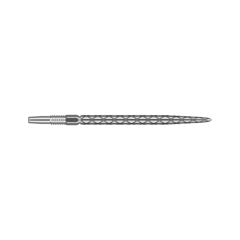 Target Swiss Diamond Pro Silver Points dart tips Das Bild zeigt eine silberne Dartspitze mit einem Rautenmuster entlang des Schafts. Die Spitze ist gerade und hat feine Gravuren zur besseren Griffigkeit.