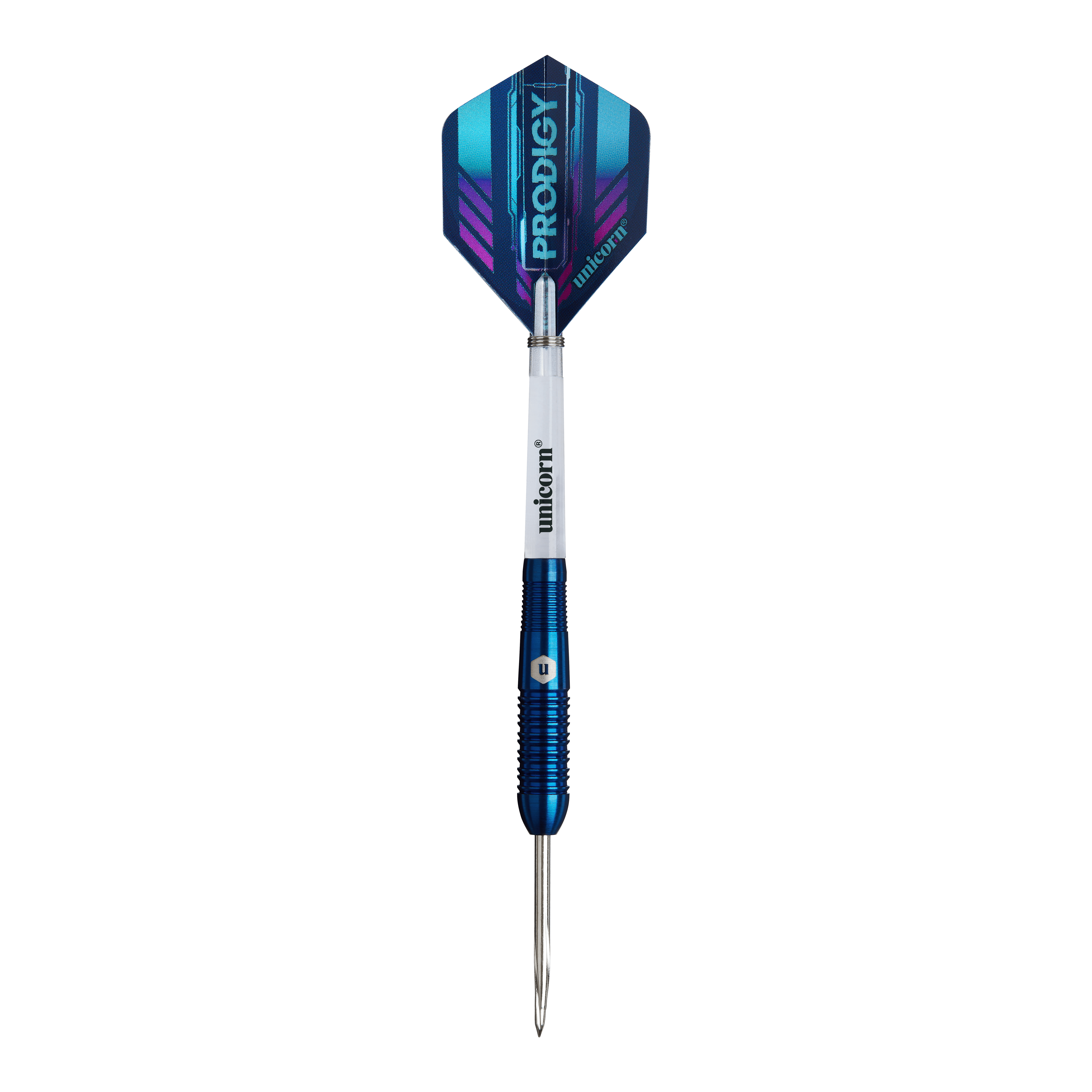 Dardos de acero Unicorn Prodigy 02 Torpedo Das Bild zeigt einen Unicorn Prodigy 02 Torpedo Steeldart. Der Dartpfeil hat blaue und silberne Farben mit einer spitzen Metallspitze und einem modernen Flight-Design.