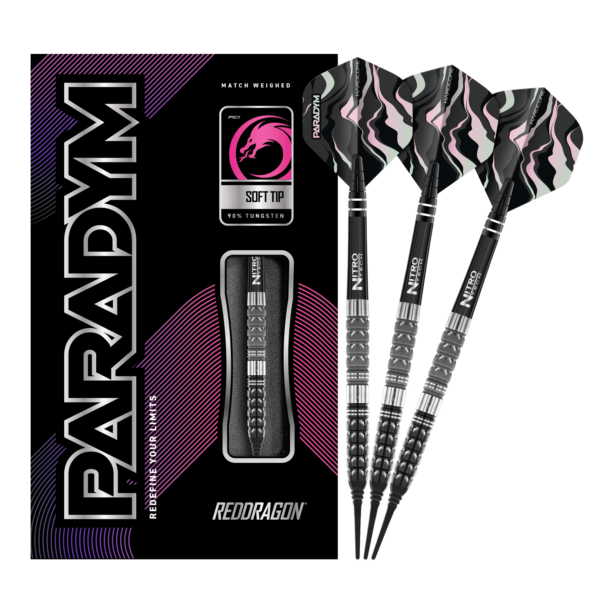 Šipky Red Dragon Paradym Tapered Soft - 20g Das Bild zeigt die Red Dragon Paradym Tapered Softdarts mit einem Gewicht von 20g. Rechts sind drei stilvolle Softdarts zu sehen, links befindet sich die dazugehörige Verpackung.