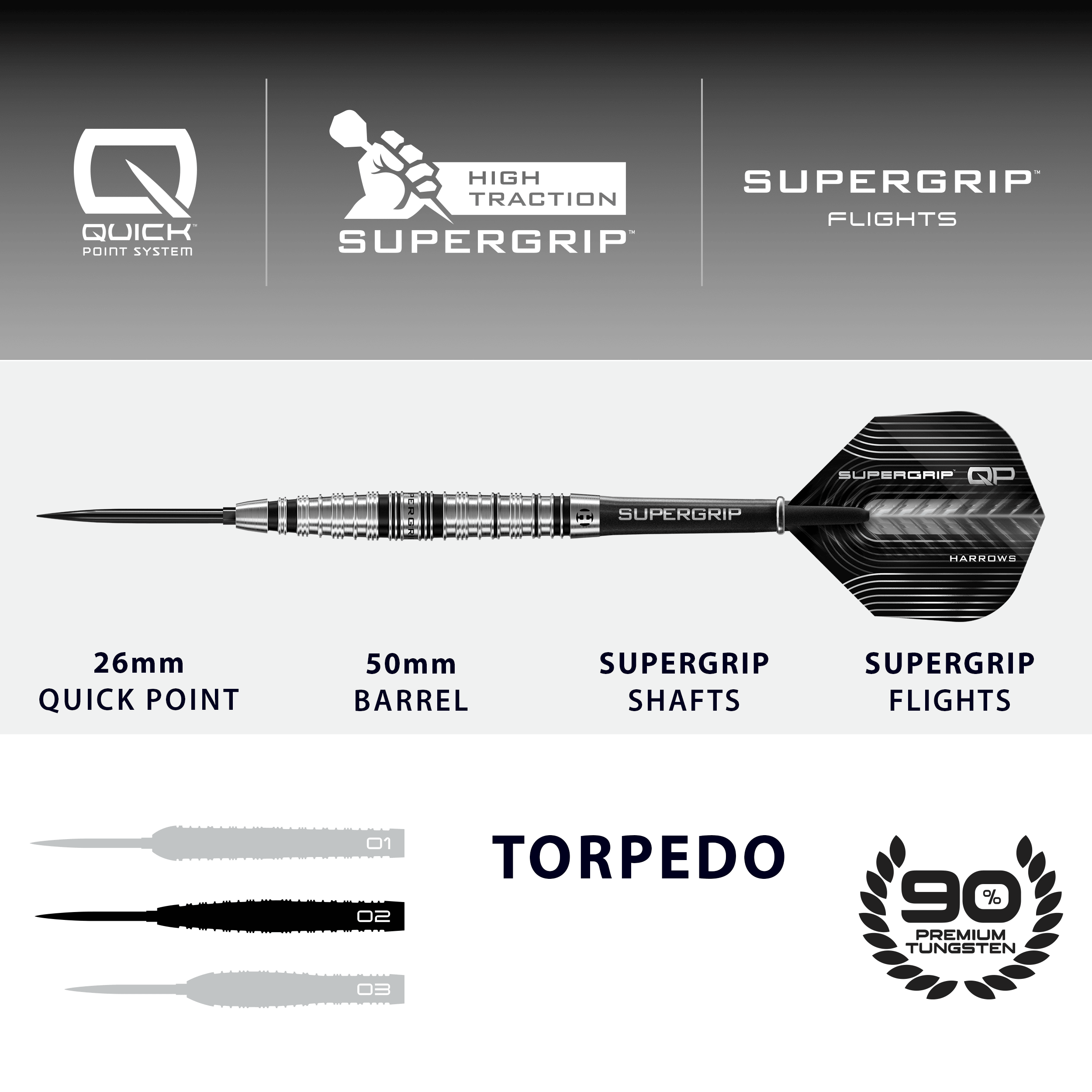 Dardos de acero Harrows Supergrip Torpedo Quick Point Dieses Bild zeigt die Harrows Supergrip Torpedo Quick Point Steeldarts. Der Artikel ist in Nahaufnahme zu sehen.