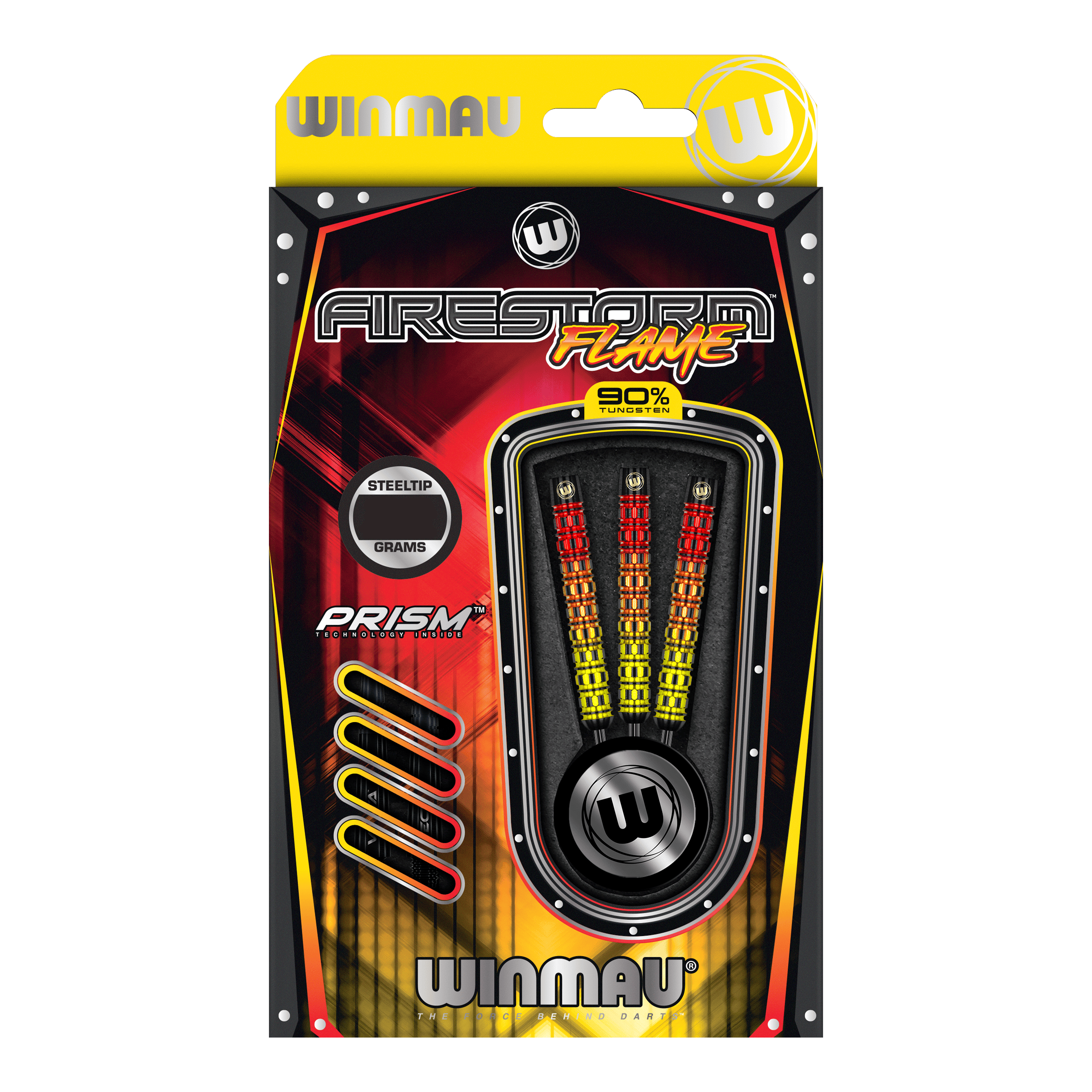 Dardos de acero paralelos de llamas de tormenta de fuego Winmau Das Bild zeigt die Verpackung der Winmau Firestorm Flame Parallel Steeldarts. Die Darts haben ein auffälliges Flammendesign und bestehen zu 90% aus Tungsten.