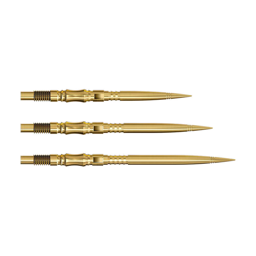 Die Harrows Quick Point Axis Elite Series Dartspitzen in Gold sind auf dem Bild zu sehen. Mehrere goldene Dartspitzen liegen nebeneinander.