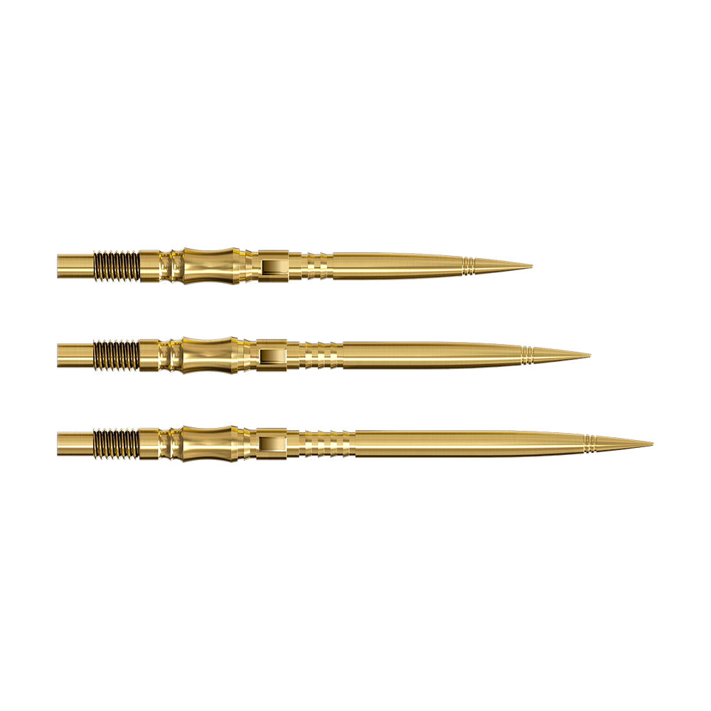 Harrows Quick Point Axis Elite Series Dartspitzen - Gold Die Harrows Quick Point Axis Elite Series Dartspitzen in Gold sind auf dem Bild zu sehen. Mehrere goldene Dartspitzen liegen nebeneinander.