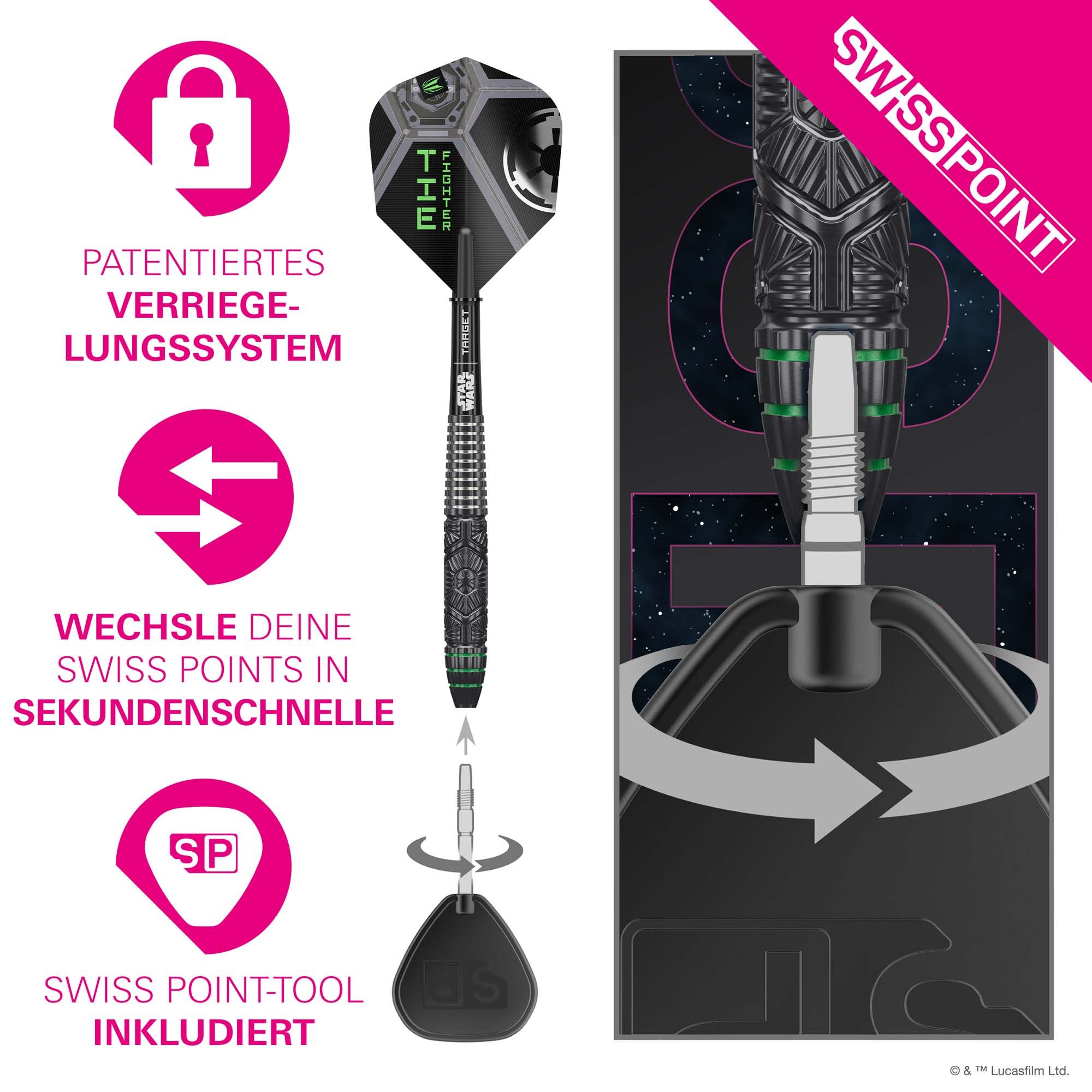 Dardos de acero Target Star Wars Tie Fighter Swiss Point Target Star Wars Tie Fighter Swiss Point Steeldarts ist auf dem Bild zu sehen. Es handelt sich um Steeldarts, inspiriert von Star Wars.