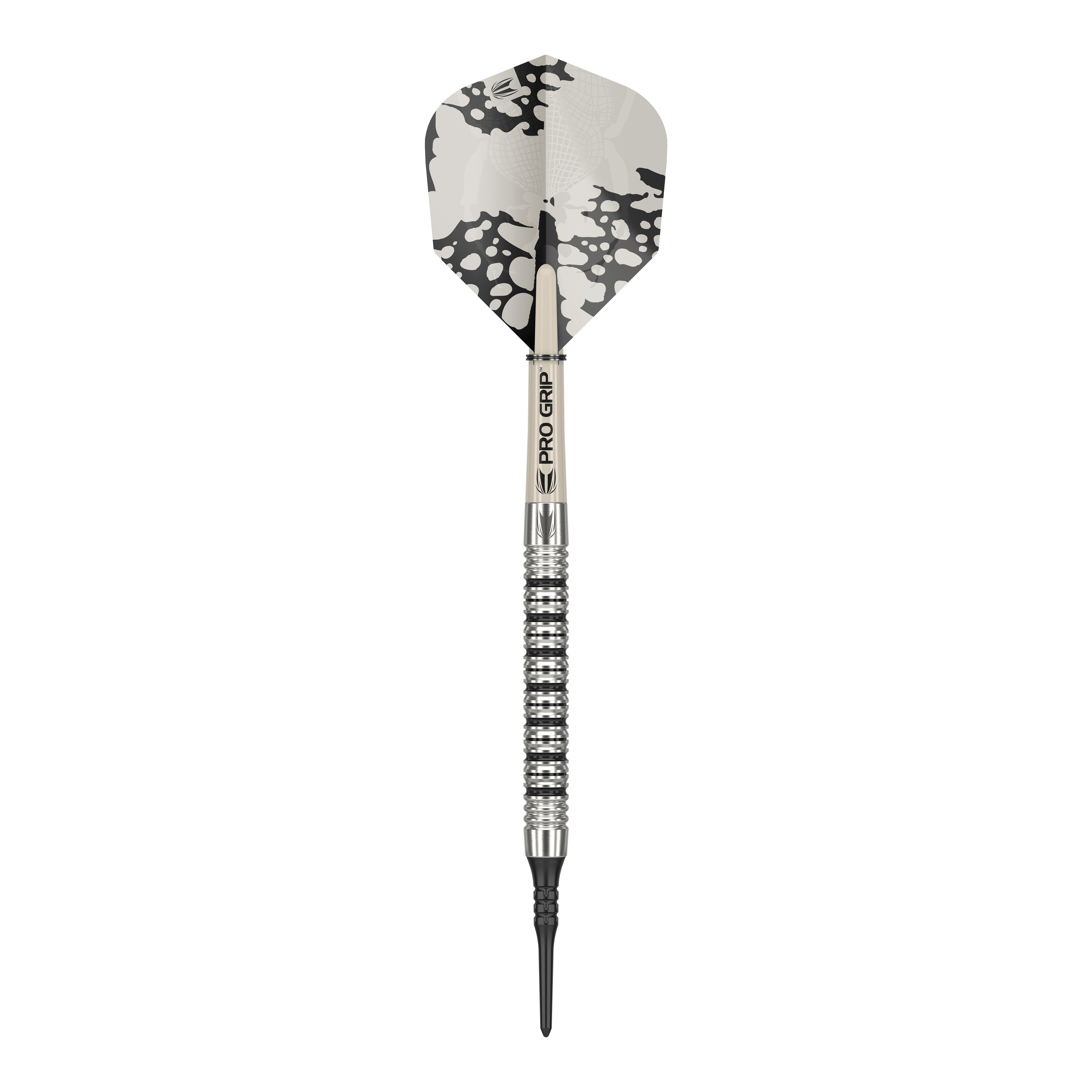 Freccette morbide Target EXO 11 Dies ist ein Softdart des Modells "Target EXO 11". Er hat ein silbernes Barrel mit Rillen und ein Flight mit schwarz-weißem Muster.