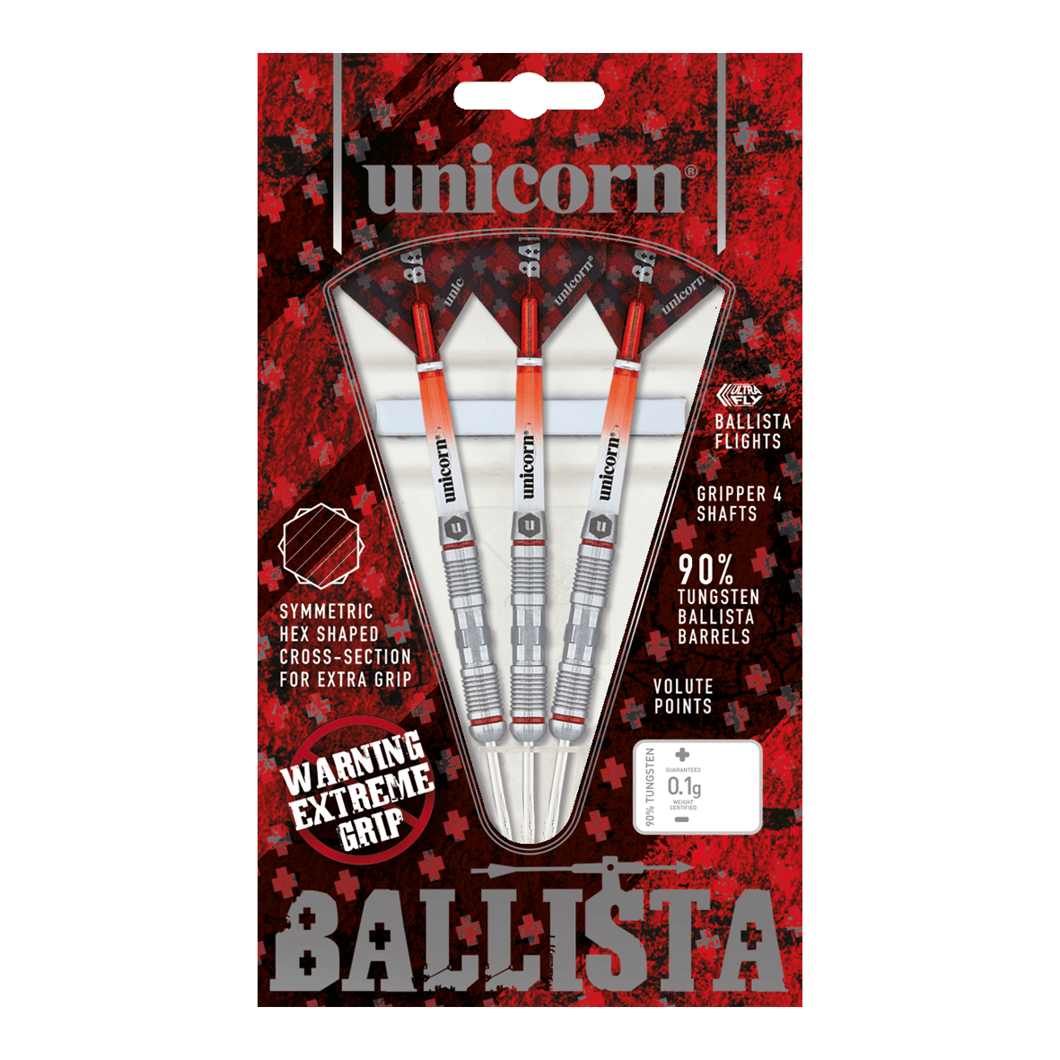 Dardos de acero estilo Ballista Unicorn 2 Das Bild zeigt eine Packung "Unicorn Ballista Style 2 Steeldarts" mit drei Darts. Die Verpackung hebt den extremen Grip und den 90%igen Tungsten-Anteil der Barrels hervor.