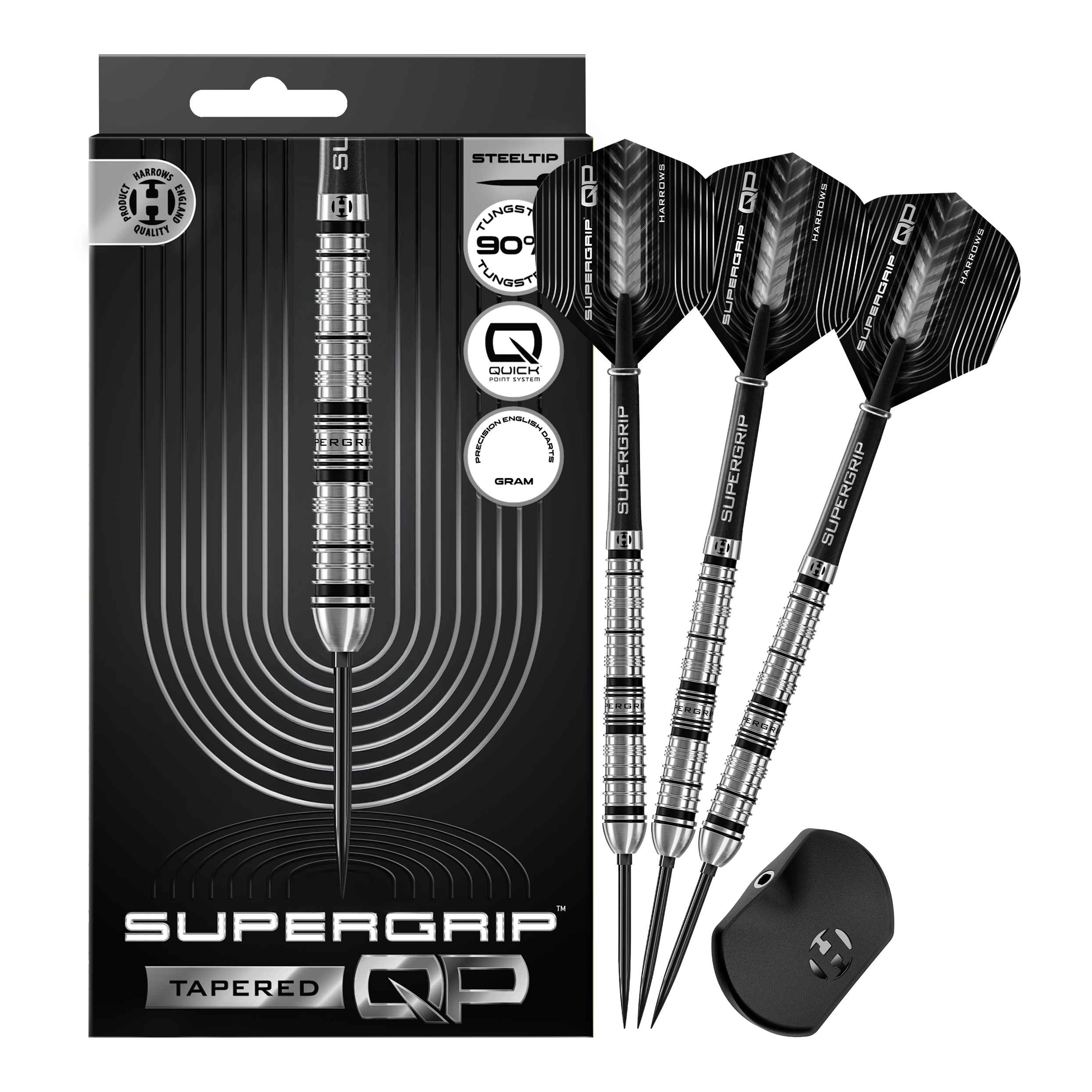 Fléchettes en acier Harrows Supergrip à pointe rapide conique Abgebildet sind die Harrows Supergrip QP Tapered Quick Point Steeldarts. Es handelt sich um hochwertige Steeldarts für präzises Dartspiel.