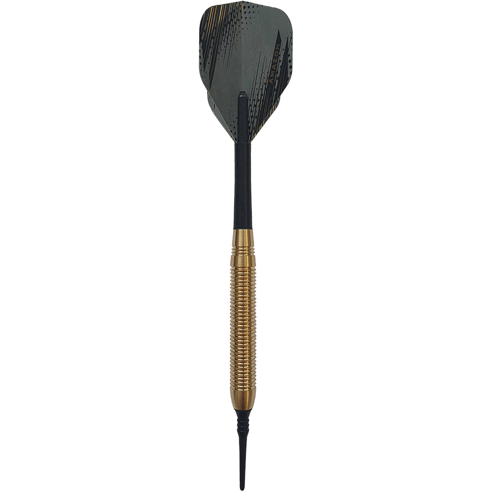 8010_Grey_One_Golden_Softdarts_1qZeMWtFlt0qpY Auf dem Bild ist ein Softdart mit goldener Griffzone und schwarzer Spitze zu sehen. Die Flügel des Darts sind grau mit goldenen Akzenten.
