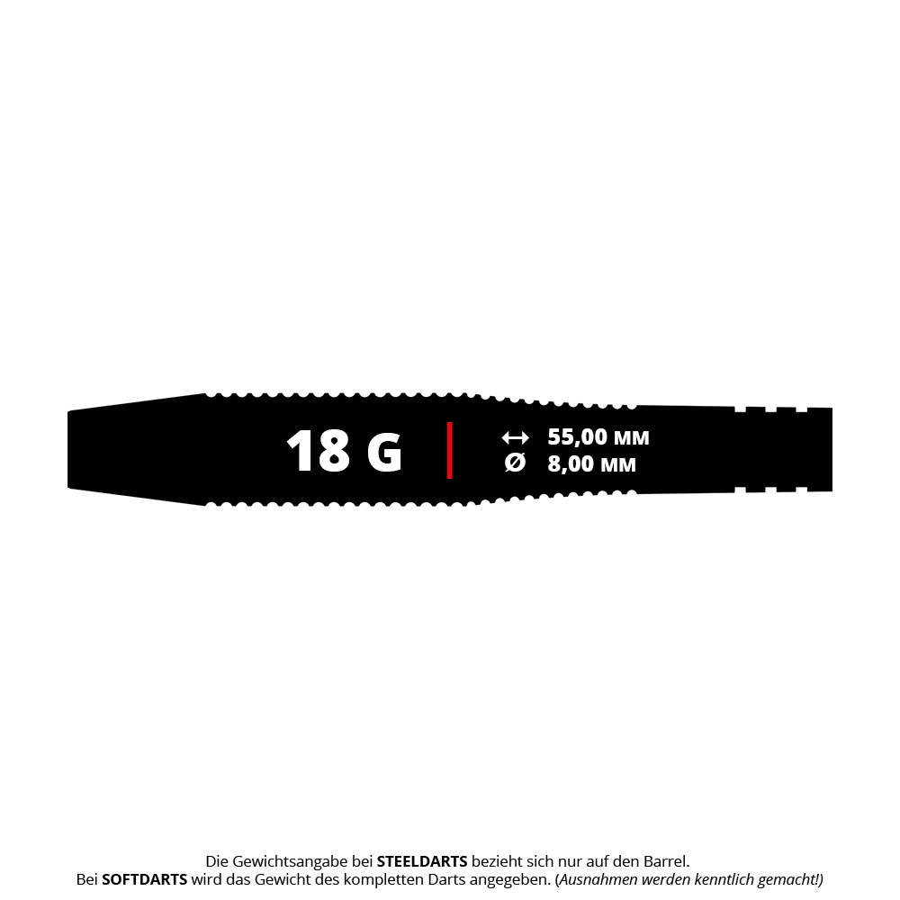 Šipky Bulls Martin Schindler The Wall černé mosazné - 18g Das Bild zeigt die Maße und das Gewicht des Produkts "Bulls Martin Schindler The Wall Black Brass Softdarts - 18g". Der Dart wiegt 18 Gramm, ist 55 mm lang und hat einen Durchmesser von 8 mm.