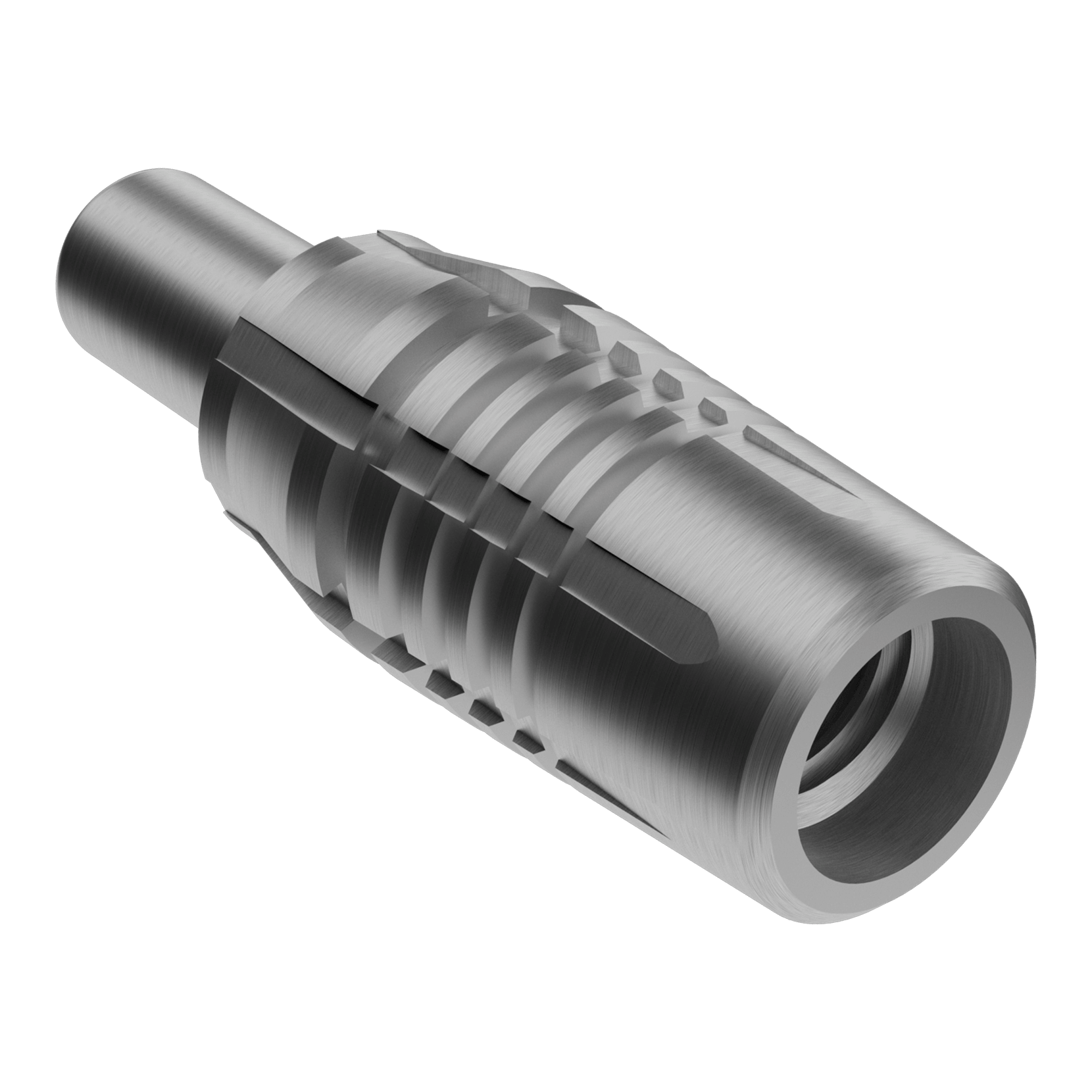 Adaptér pro závitovou hlavu s výstřelem Ein einzelner Adapter für Dartspitzen in Silber ist abgebildet. Das Produkt ist robust gefertigt.