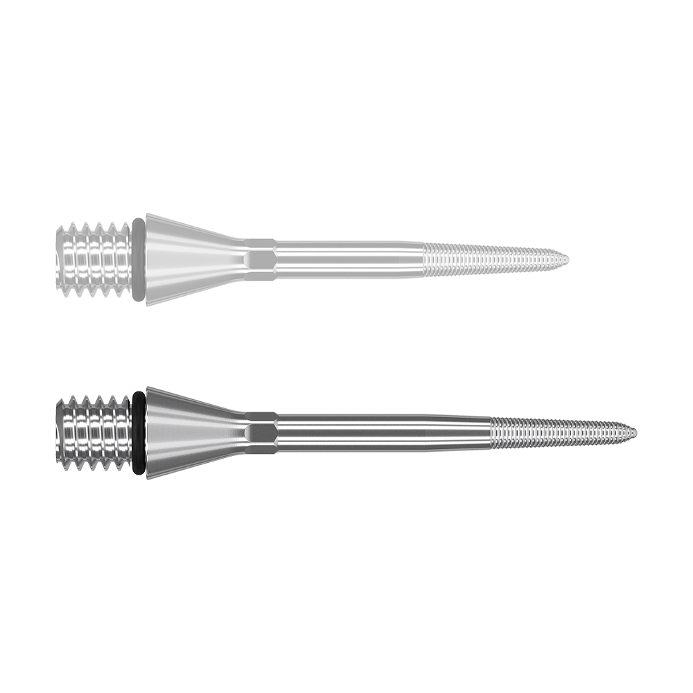 380169_Target_Titanium_Swiss_Point_Nano_Conversion_Points_Silber_30mm_1NCMpVVSzm7v0u Das Bild zeigt zwei silberne, spitz zulaufende Metallstifte mit Gewinde am vorderen und hinteren Ende. Sie liegen parallel zueinander auf weißem Hintergrund.