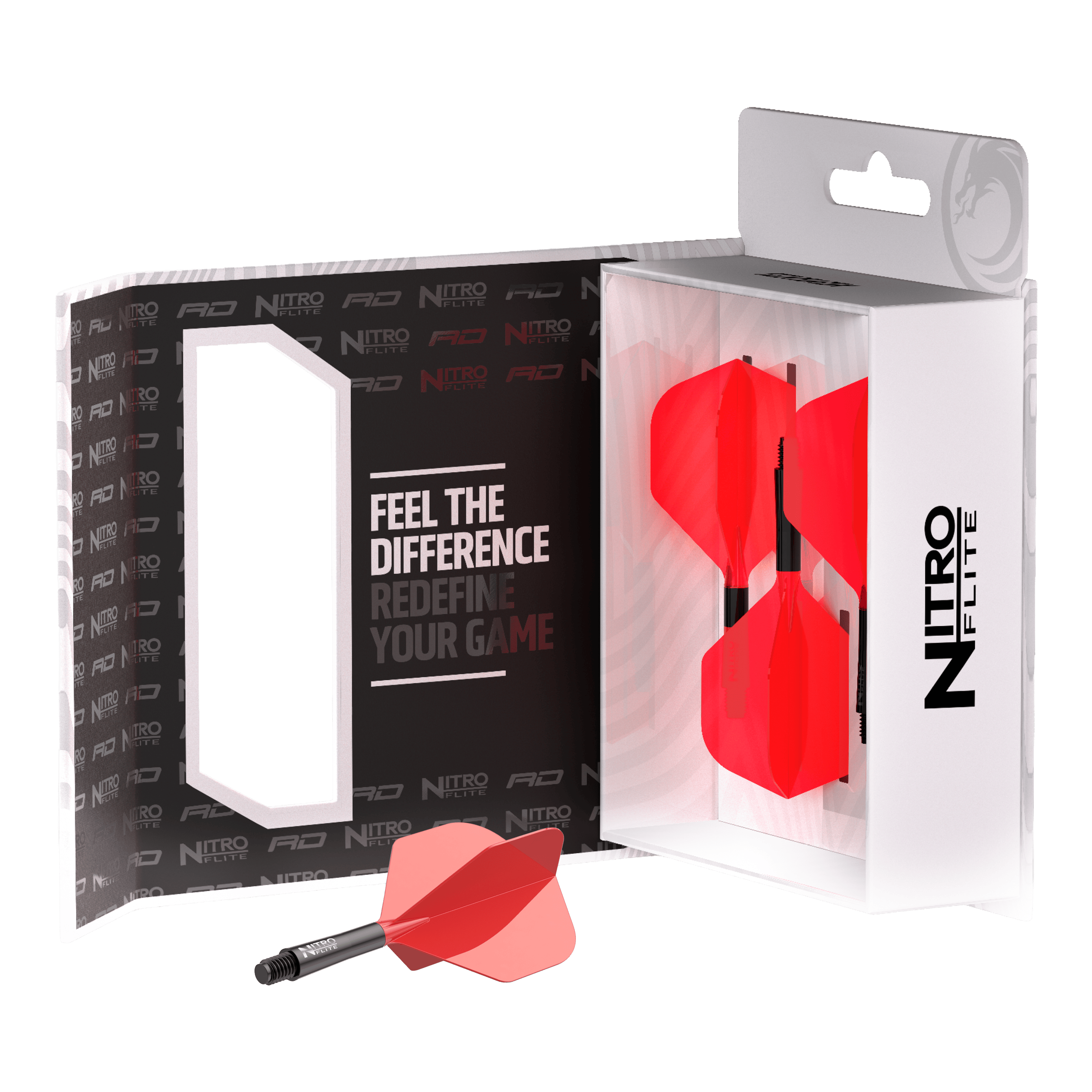Red Dragon Nitroflite - Black Shaft Red No2 Flights Zu sehen ist Red Dragon Nitroflite - Black Shaft Red No2 Flights. Die Dart-Flights zeigen ein Design in Schwarz und Rot.