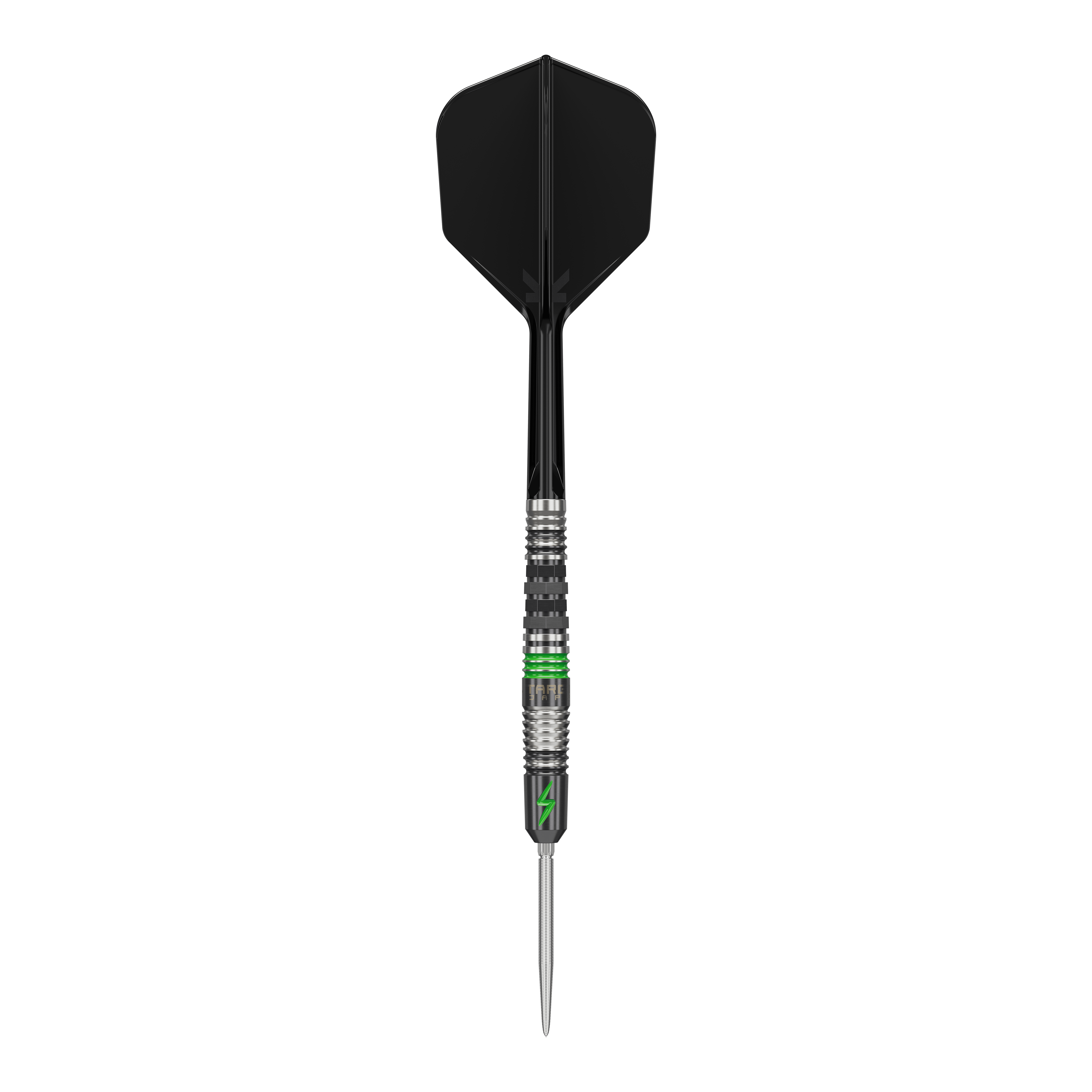 Das Bild zeigt einen Target Japan Black Marque Lightning 3 SP Steeldart. Der Dartpfeil hat ein schwarzes Flight und Details in Silber und Grün am Schaft.