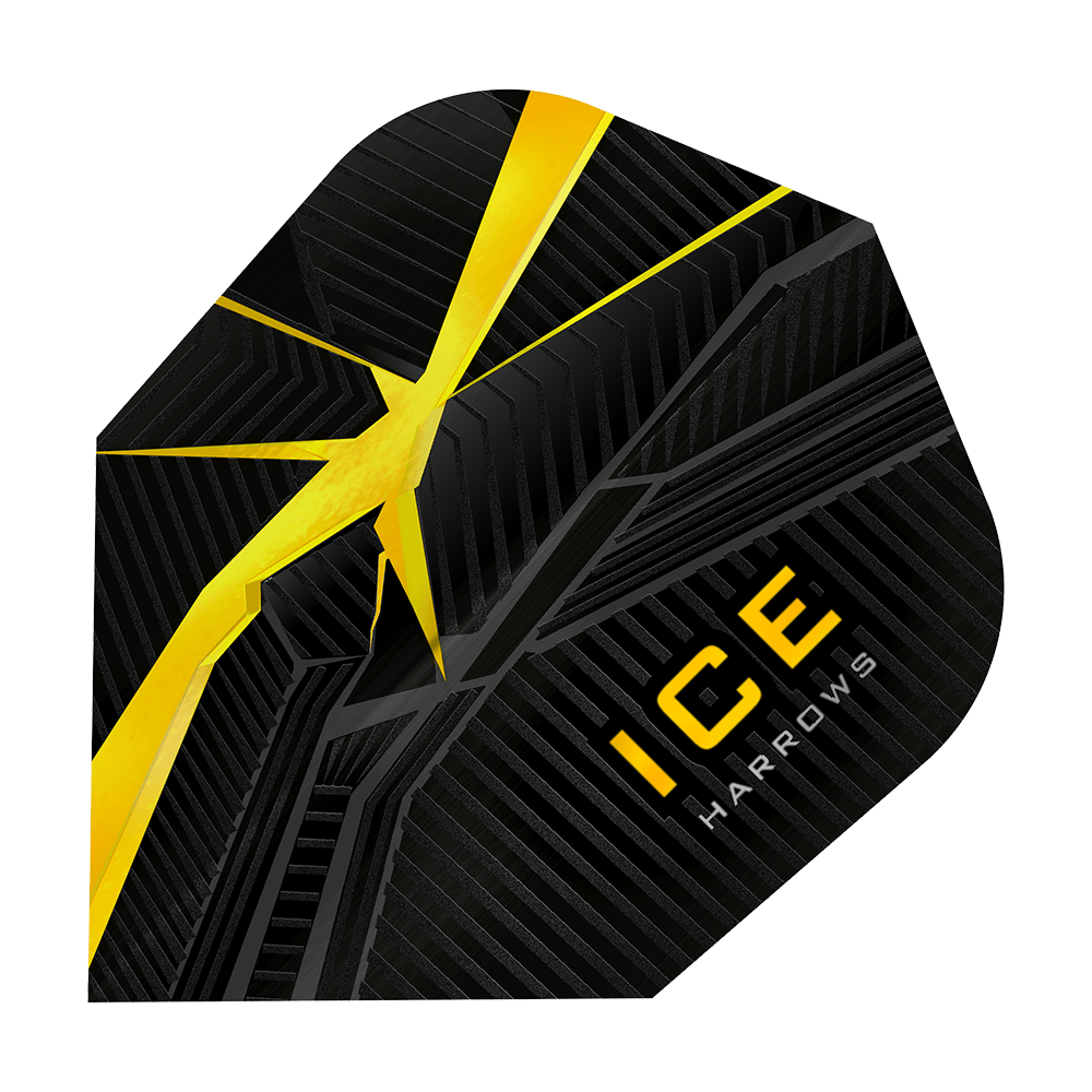 HR3405_Harrows_Ice_Recut_Gelb_Standard_Flights_1 Das Bild zeigt ein Harrows Ice Recut Standard Dartflight. Das Flight ist überwiegend schwarz mit gelben Akzenten und dem Schriftzug "ICE HARROWS" in gelber Farbe.