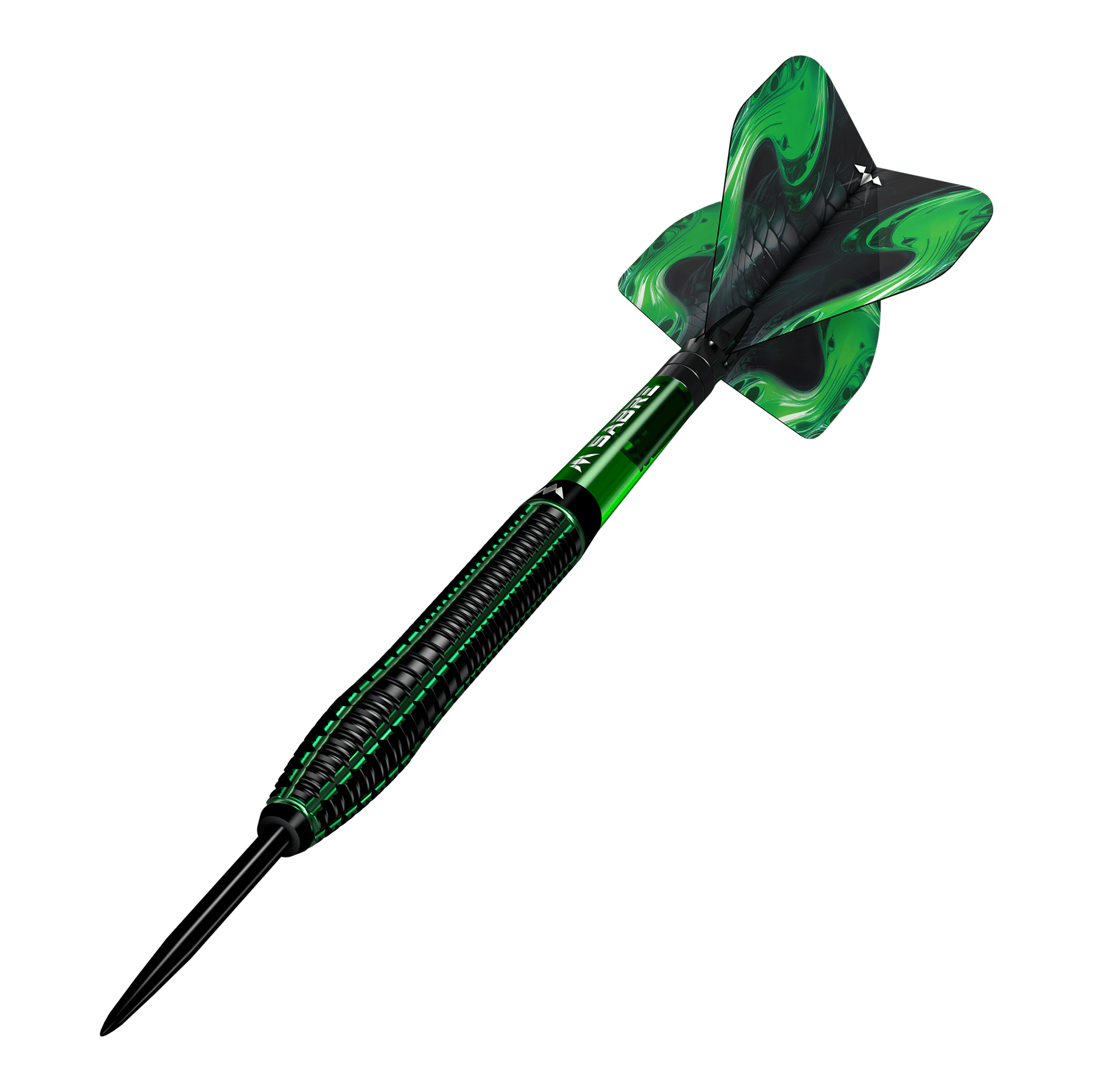 Ocelové šipky Mission Venom Das Bild zeigt einen Mission Venom Steeldart mit schwarzem und grünem Design. Die Flights sind ebenfalls grün mit einem geschwungenen Muster.