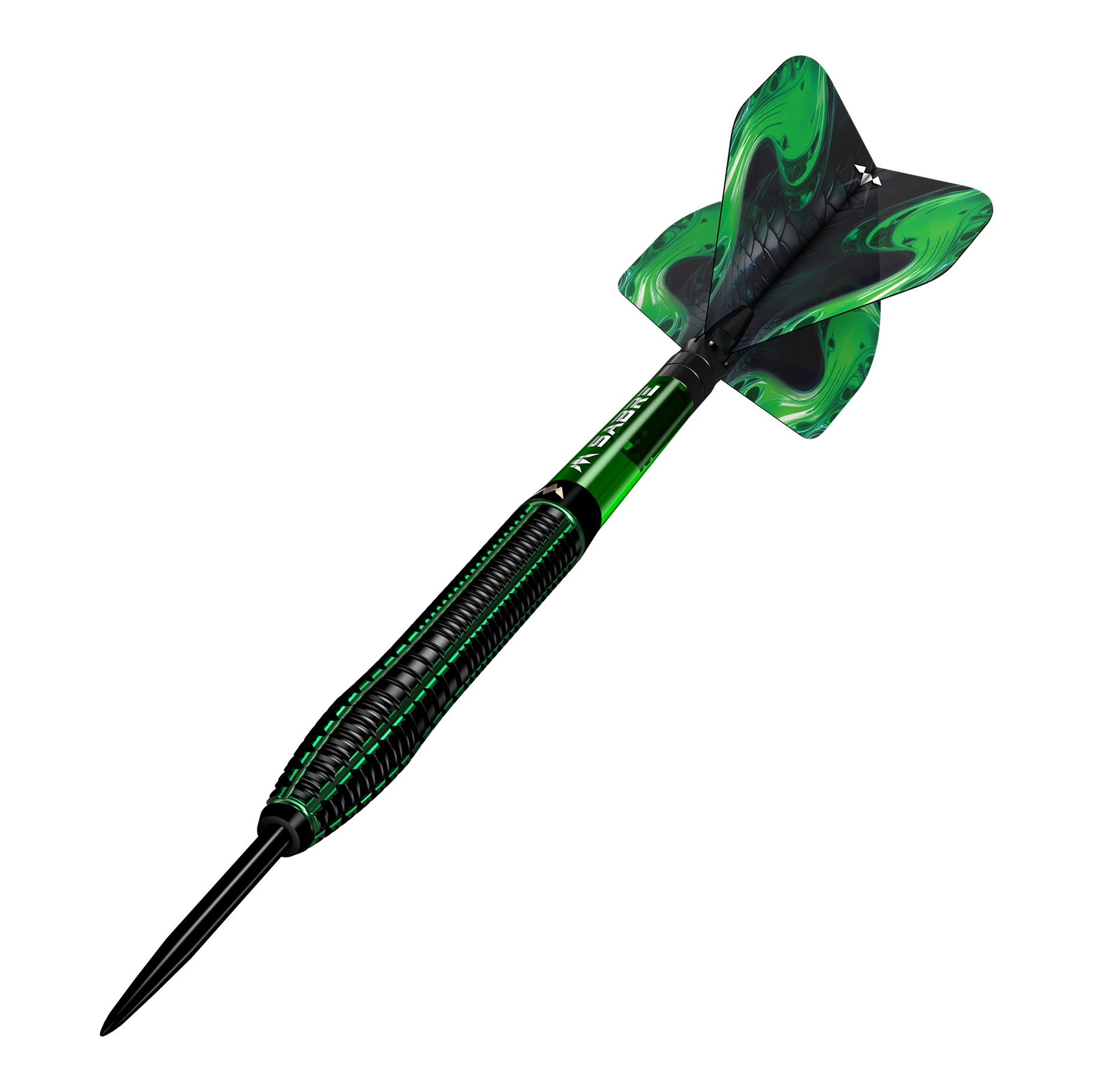Ocelové šipky Mission Venom Mission Venom Steeldarts sind als Set dargestellt. Die Barrels zeigen eine verspielte Struktur.