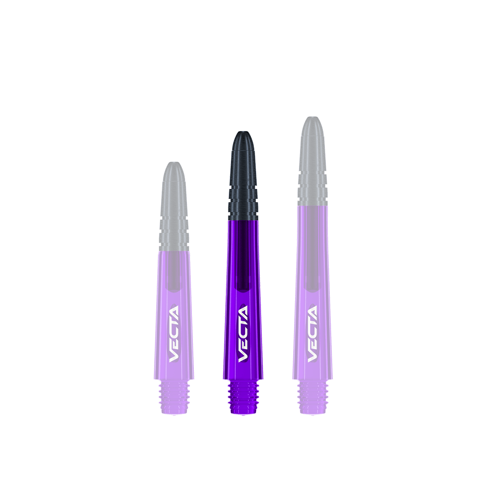 Winmau Vecta Shafts - Lila Schwarz Das Bild zeigt drei lila und schwarze Dartschäfte der Marke Vecta. Sie sind nebeneinander aufgereiht und haben unterschiedliche Längen.