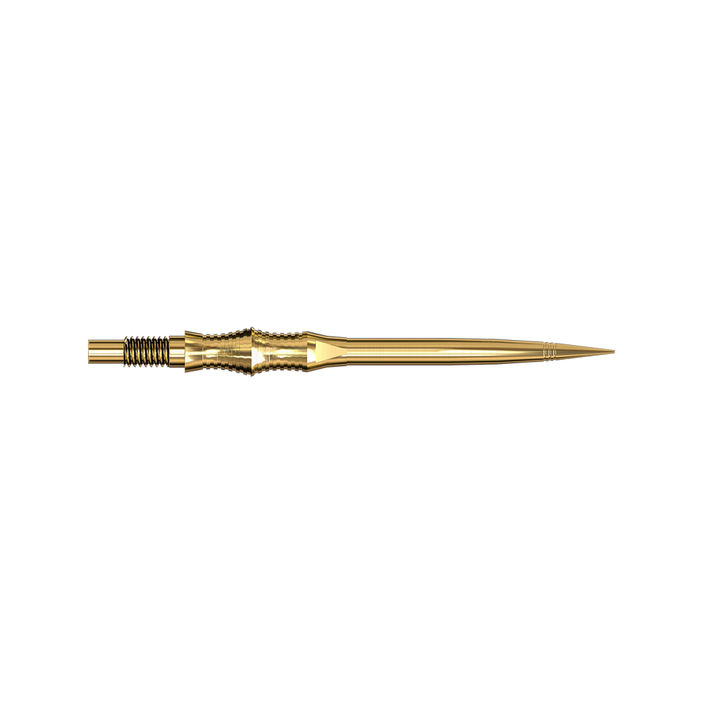 Apex Spire Gold Elite Serie Dartspitzen in 35mm sind abgebildet. Sie sind lang und goldfarben.