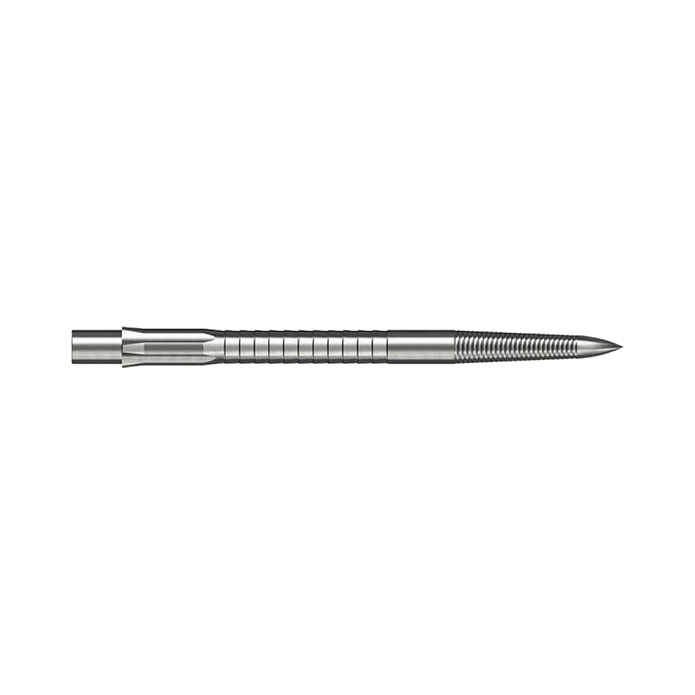 Caliburn System Steel Dart Tips - Micro Grip - Silver Die Abbildung zeigt eine Caliburn Evo System Steeldartspitze Micro Grip in Silber mit 36 mm Länge. Die Spitze ist detailliert und auf weißem Hintergrund dargestellt.