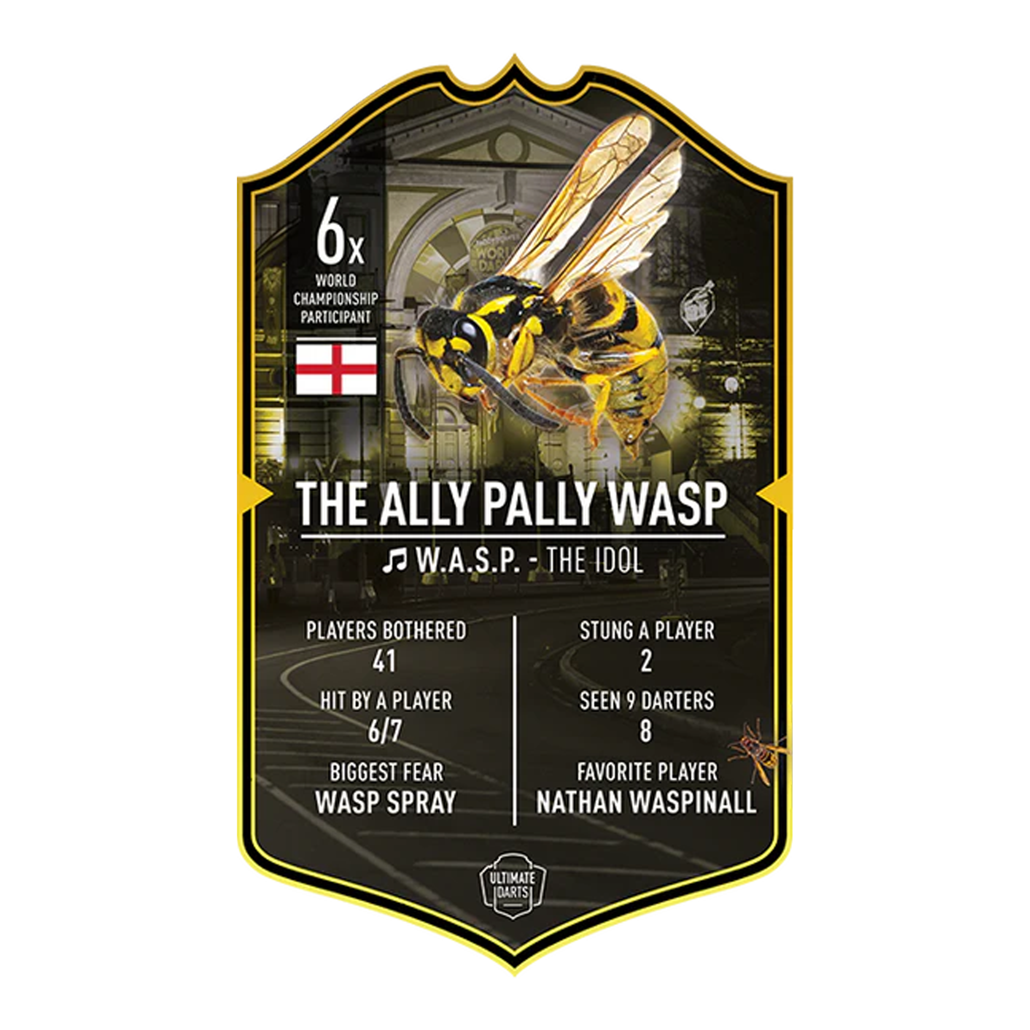 Karta Ultimate Darts – Sojuszniczy Palant Wasp Ultimate Darts Card - The Ally Pally Wasp. Diese Karte präsentiert das Motiv The Ally Pally Wasp aus der Ultimate Darts Card Serie.