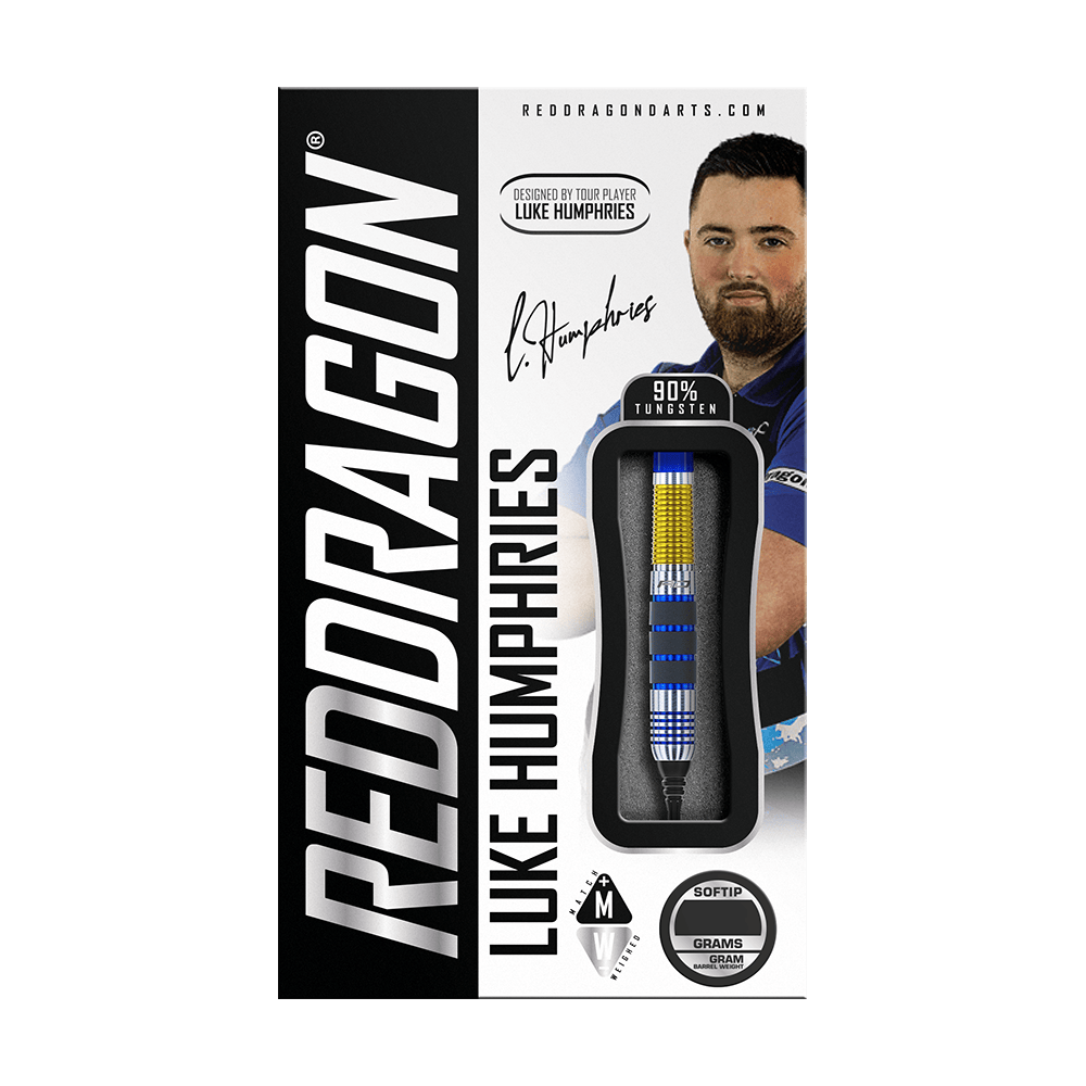 RD2402_Red_Dragon_Luke_Humphries_2021_Softdarts_3 Auf dem Bild ist die Verpackung der "Red Dragon Luke Humphries Softdarts - 20g" zu sehen. Die Darts bestehen aus 90% Tungsten und wurden vom Spieler Luke Humphries designt.