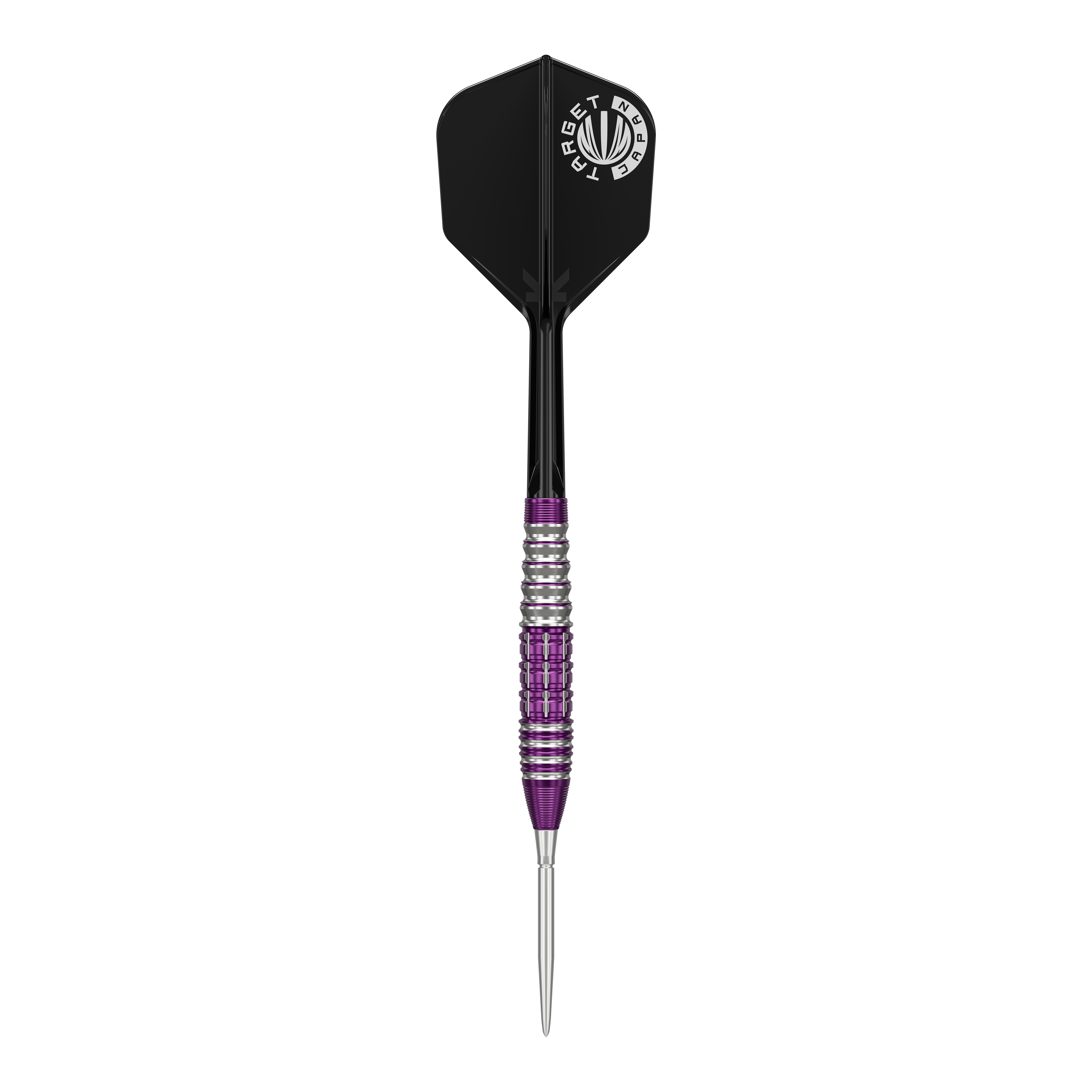 Fléchettes en acier Target Japan Prime Series Tung Suk Zenith GEN1 Swiss Point - 23 g Das Bild zeigt einen Steeldartpfeil aus der Target Japan Prime Series mit silber-lila geriffeltem Barrel und schwarzer Flight. Auf dem Flight ist ein weißes Logo mit der Aufschrift "TARGET JAPAN" zu sehen.
