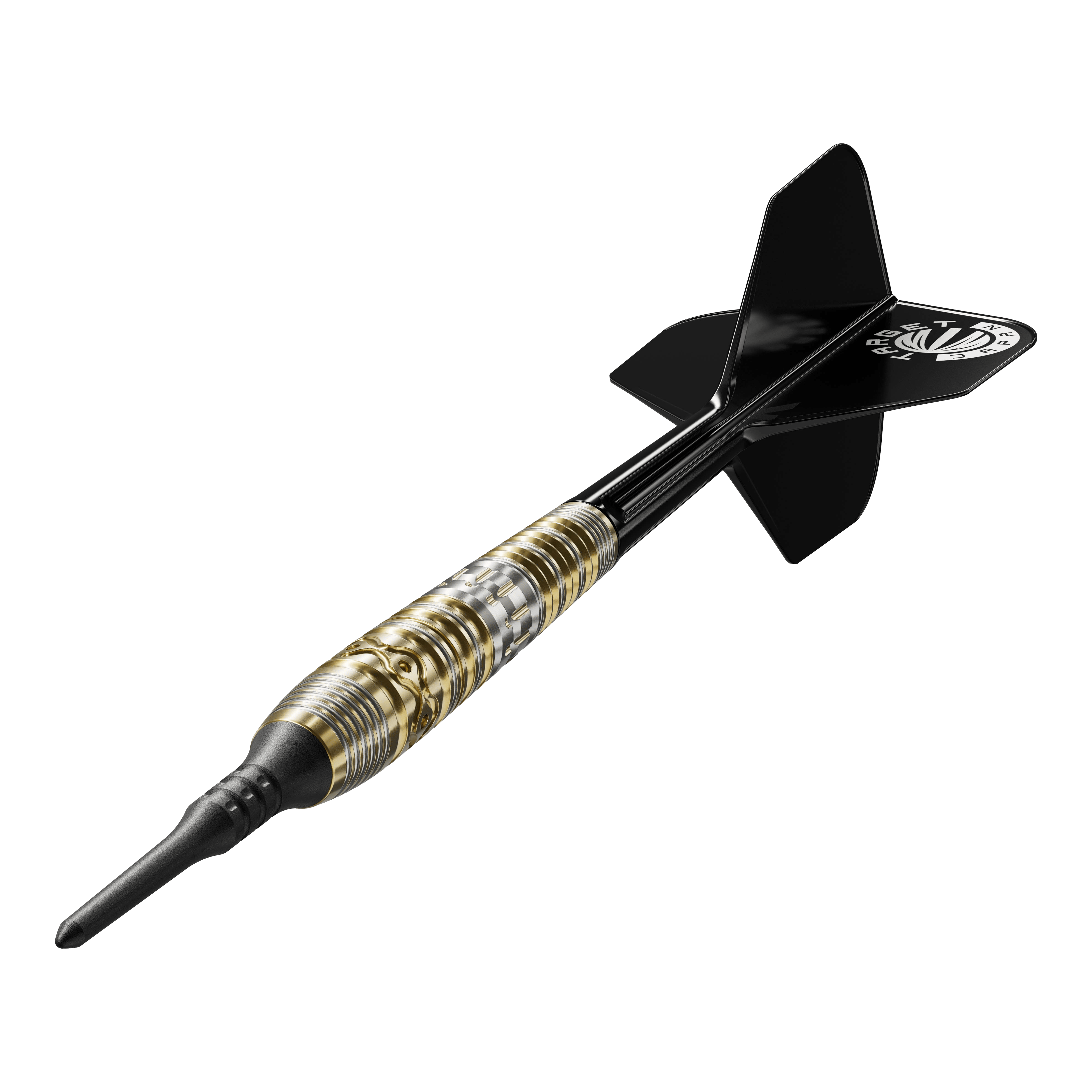Target Japan Hot Shot GEN2 Soft Darts - 19g Das Bild zeigt einen Softdartpfeil namens "Target Japan Hot Shot GEN2 Softdarts - 19g". Der Dart hat ein schwarz-goldenes Design mit einer schwarzen Spitze und schwarzen Flights.