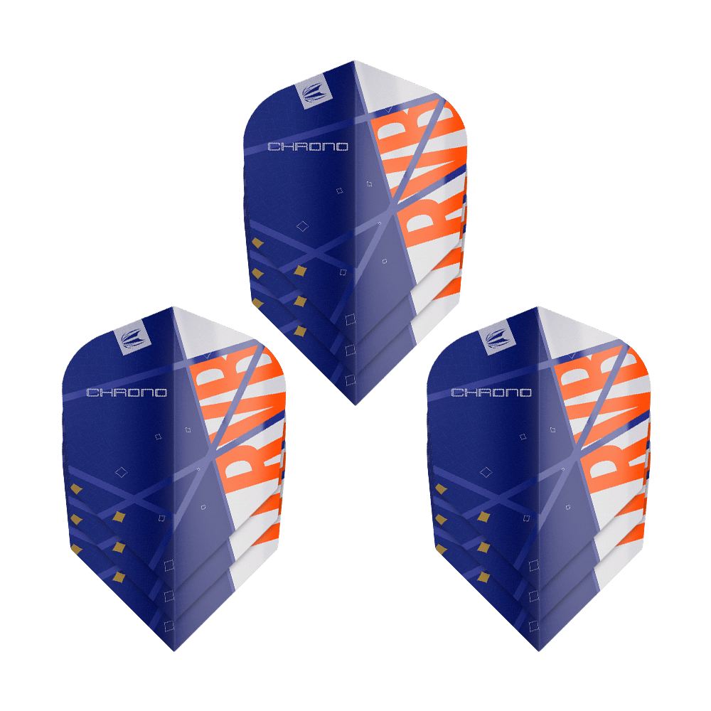 Target Pro Ultra Raymond Van Barneveld Chrono No6 Flights - 3 Sets Das Bild zeigt drei Sätze von Target Pro Ultra Raymond Van Barneveld Chrono No6 Flights für Darts. Die Flights sind hauptsächlich blau mit orange-weißen Akzenten und geometrischem Design.