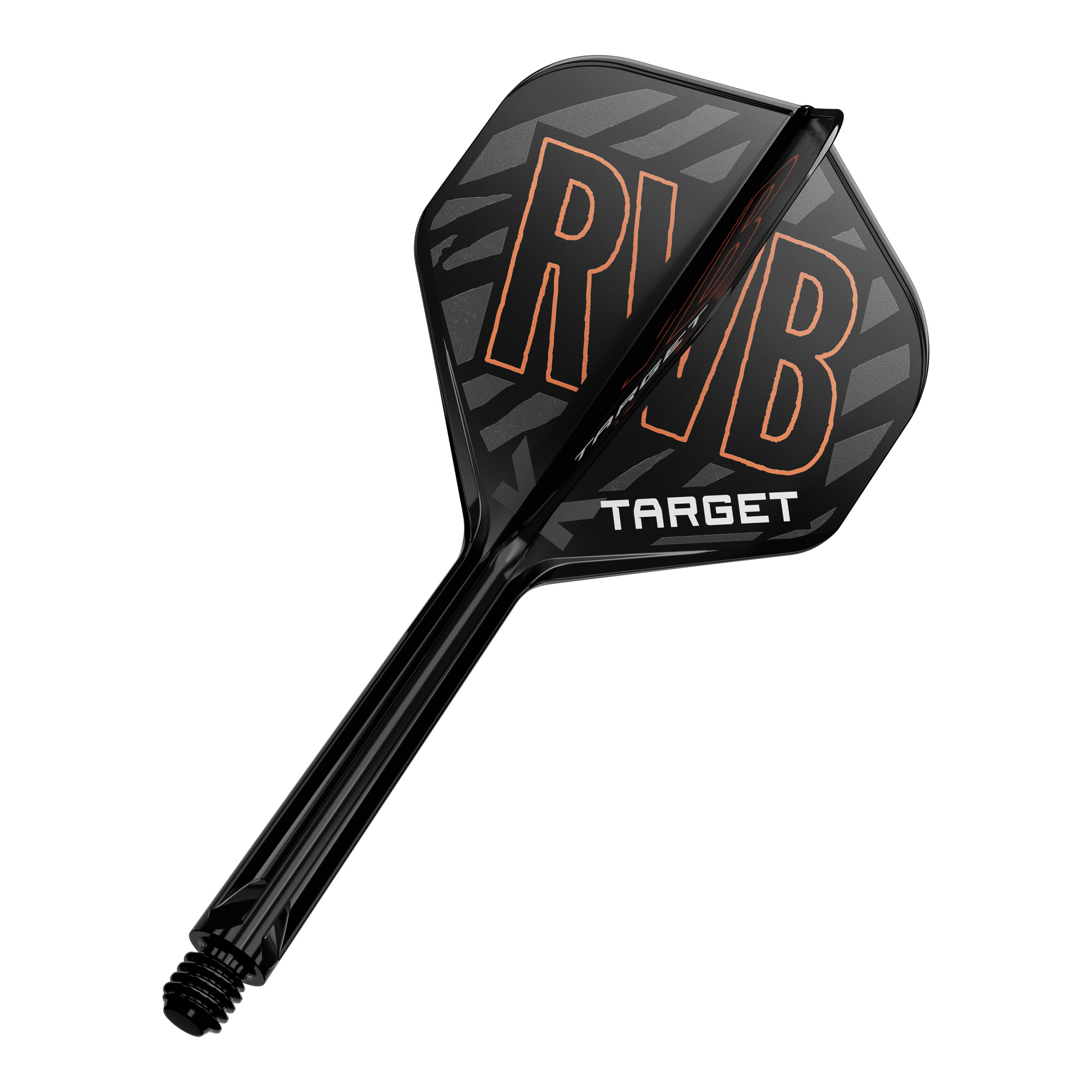 Auf dem Bild ist ein schwarzer Dartflight mit der Aufschrift „RVB“ in orange und „TARGET“ in weiß zu sehen. Der Schaft des Darts ist ebenfalls schwarz und hat eine glänzende Oberfläche.